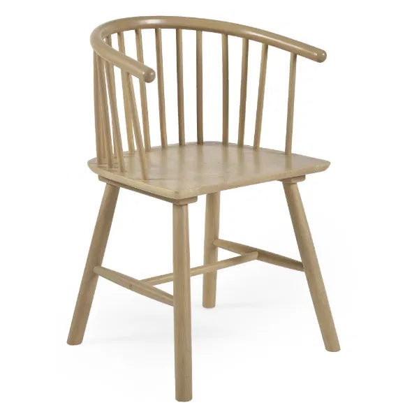 Beige wooden chair with curved armrests on a white background