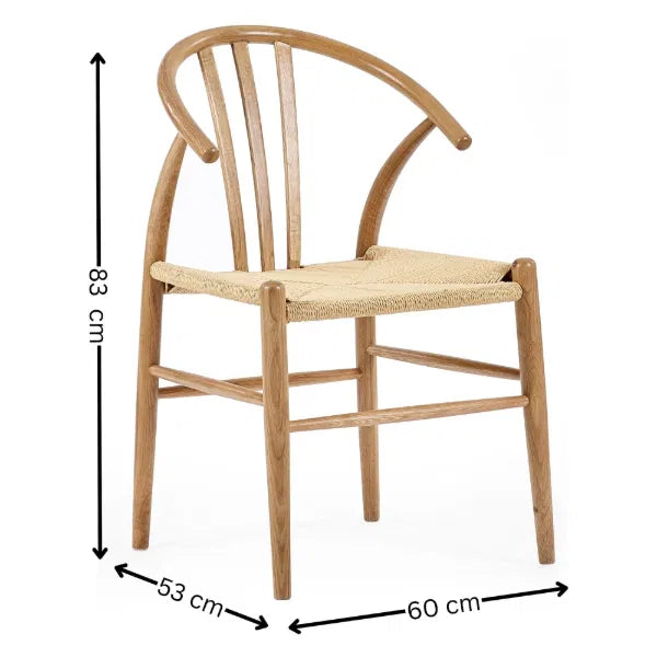 Wooden chair with dimensions labeled on a white background
