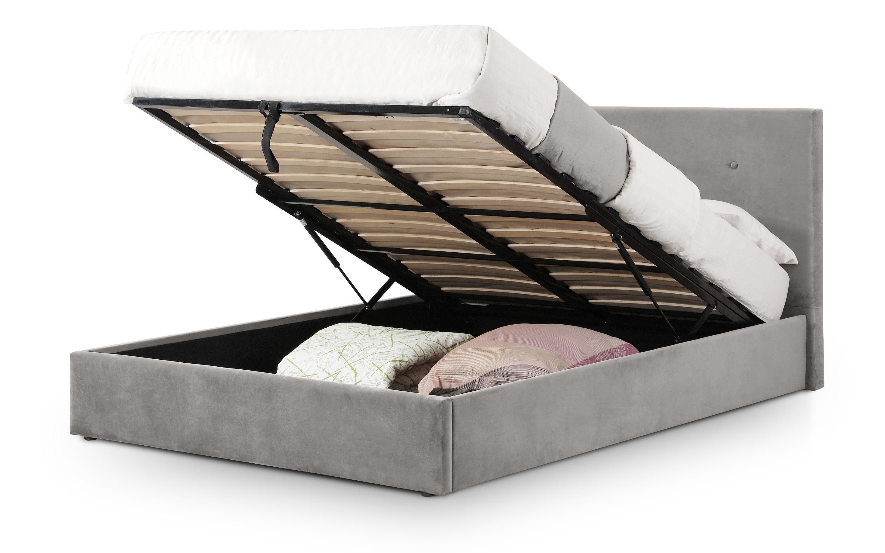 Gray upholstered bed with open storage compartment on a white background