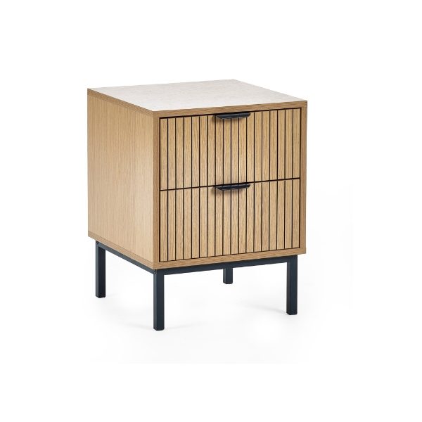 Wooden side table with white top and black legs on a white background