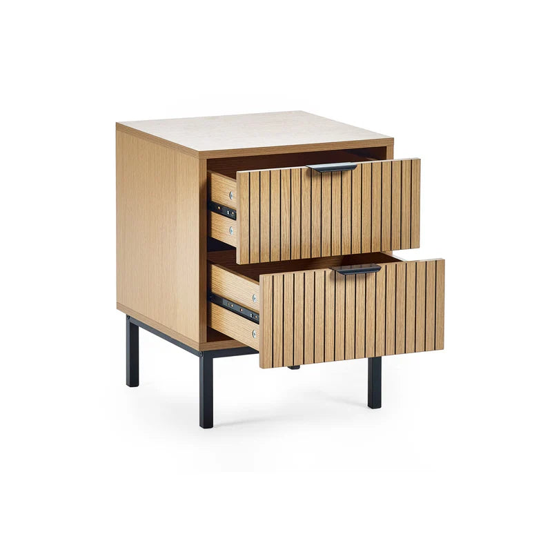 Wooden side table with open drawers on a white background