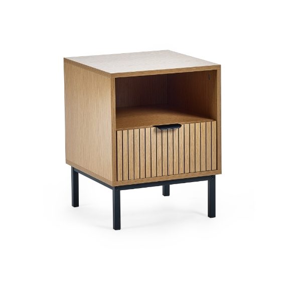 Wooden side table with white top and black legs on a white background