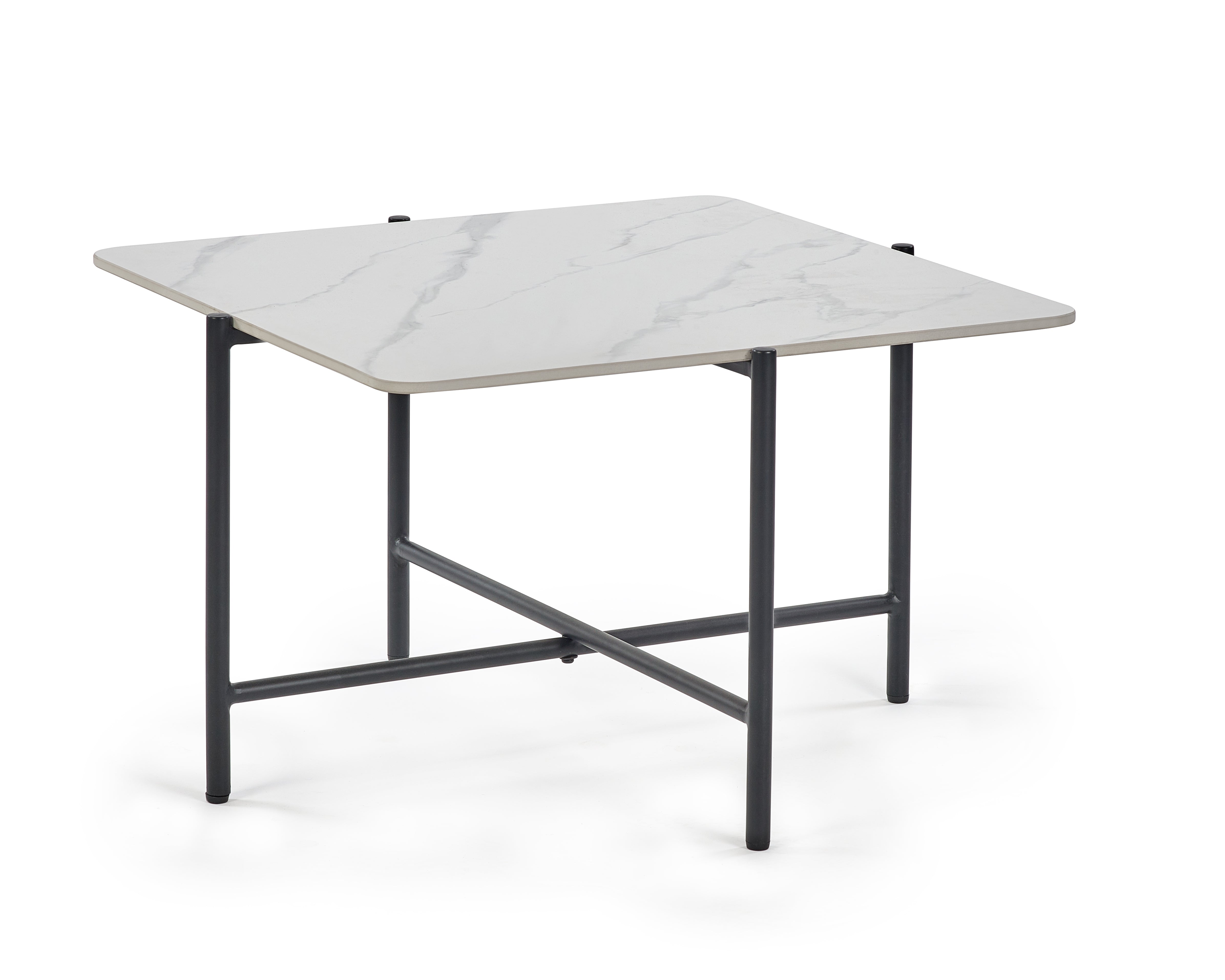 Square table with marble-like top and black metal legs on a white background