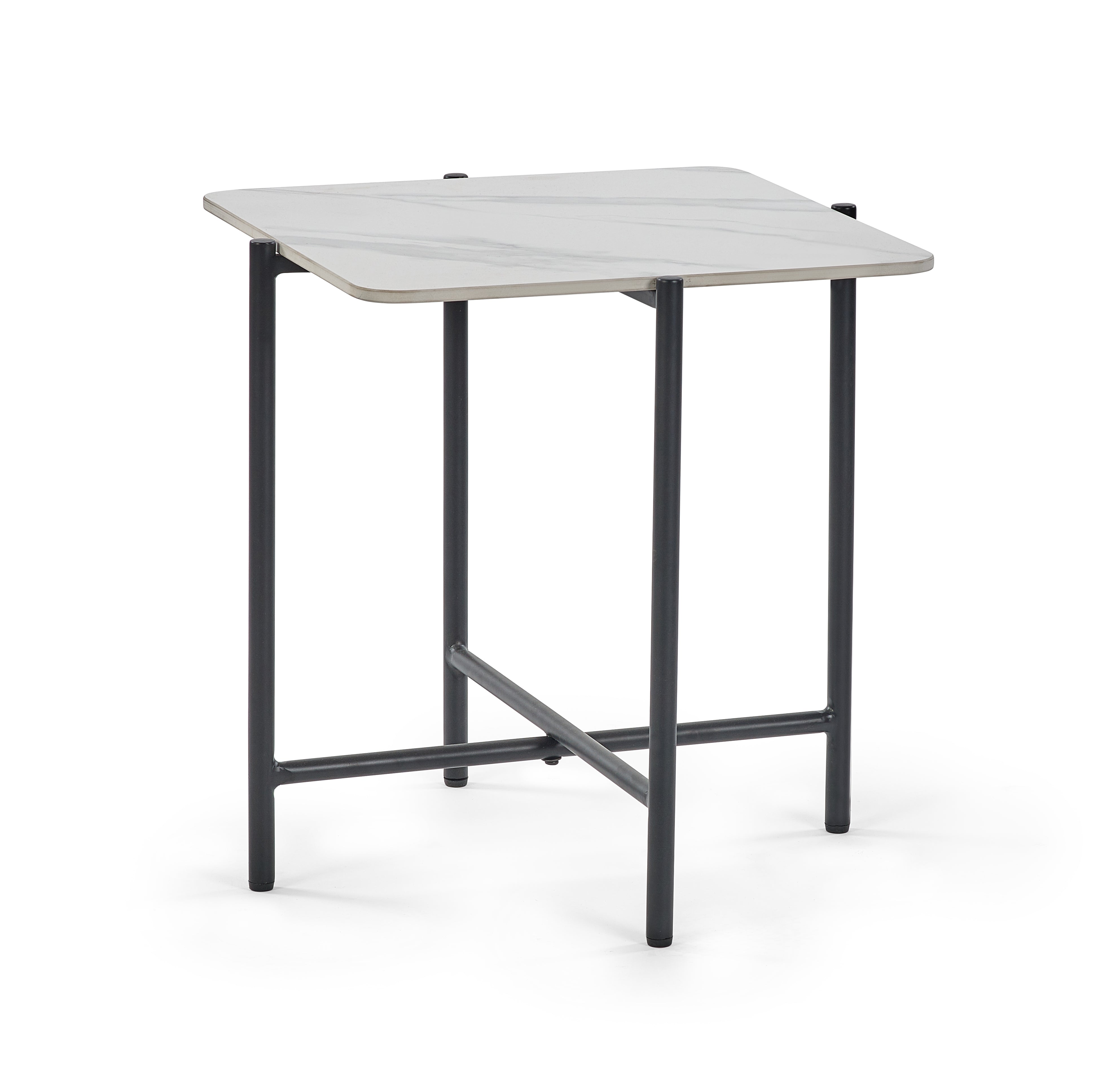Portable folding table with a gray surface and black legs on a white background