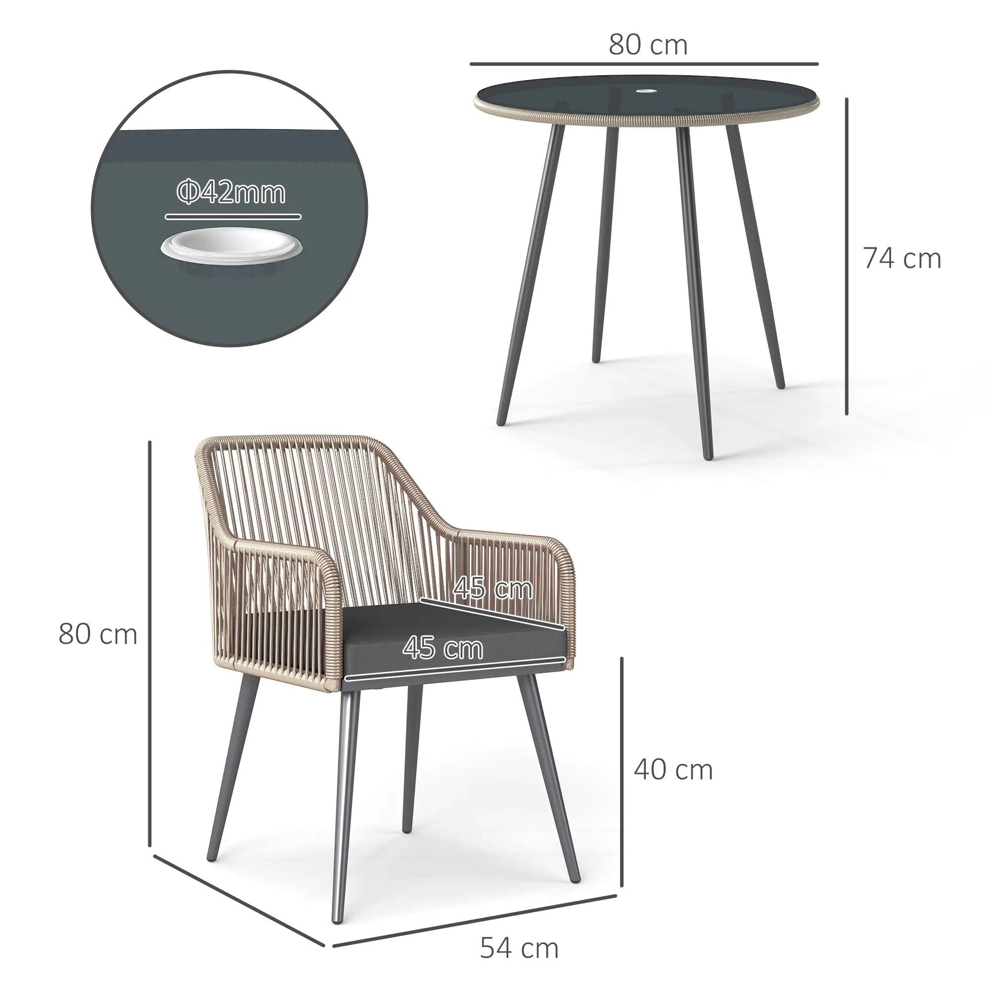 Dimensions of a round table and chair on a white background