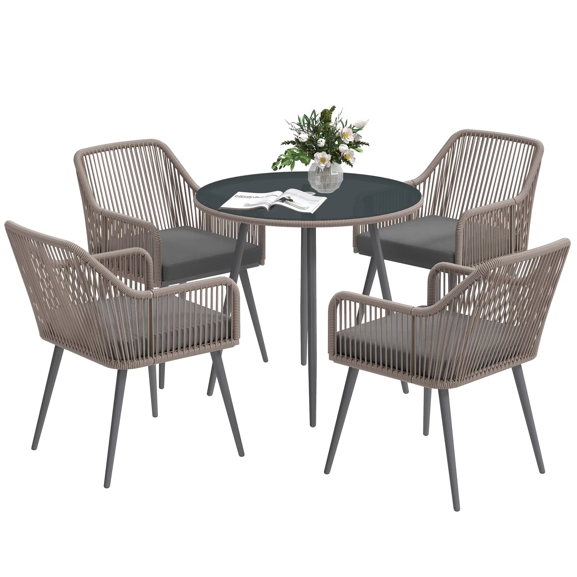 Round glass table with four woven chairs on a white background