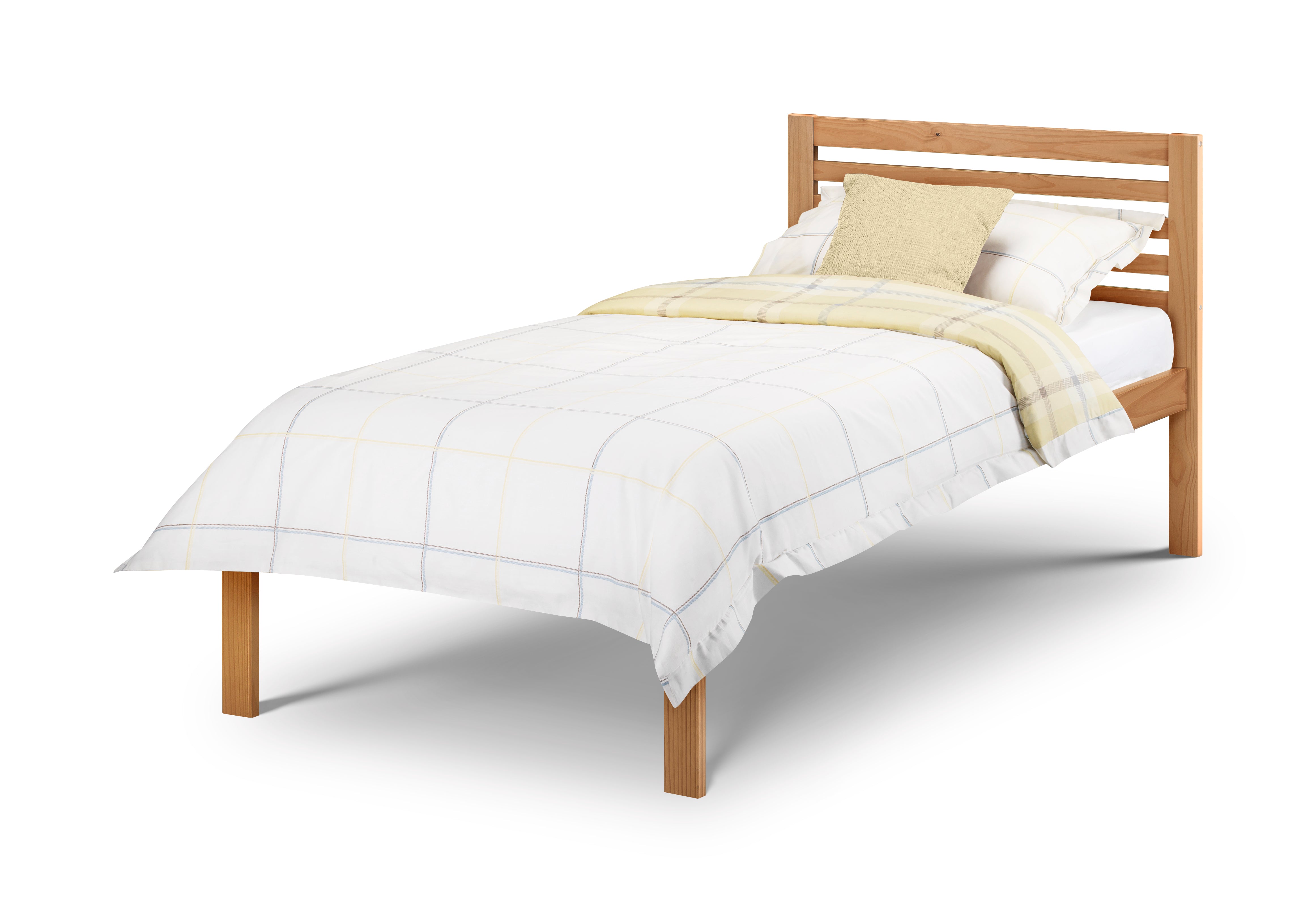 Wooden bed with white bedding and a yellow blanket on a white background