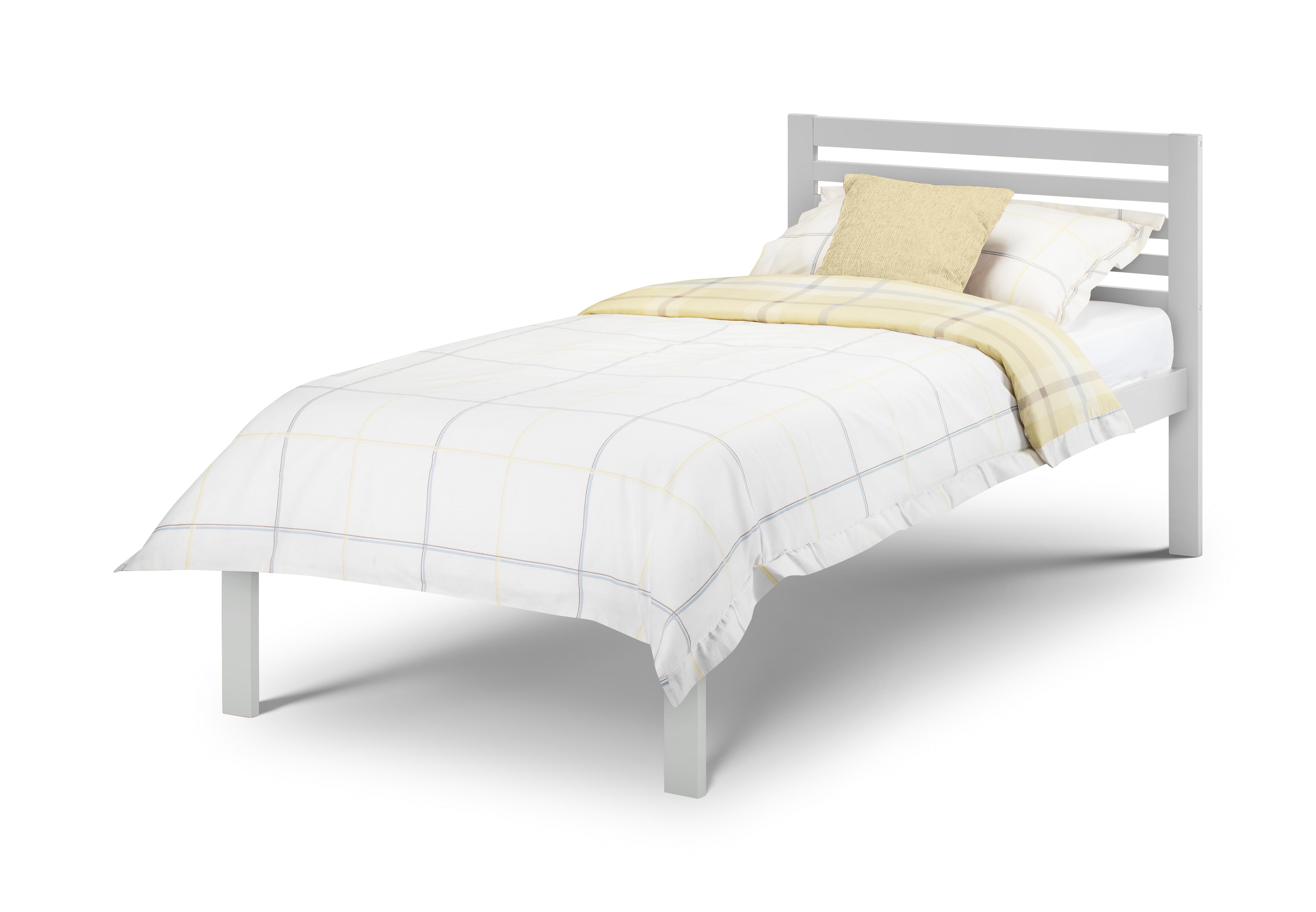 White bed frame with bedding on a white background