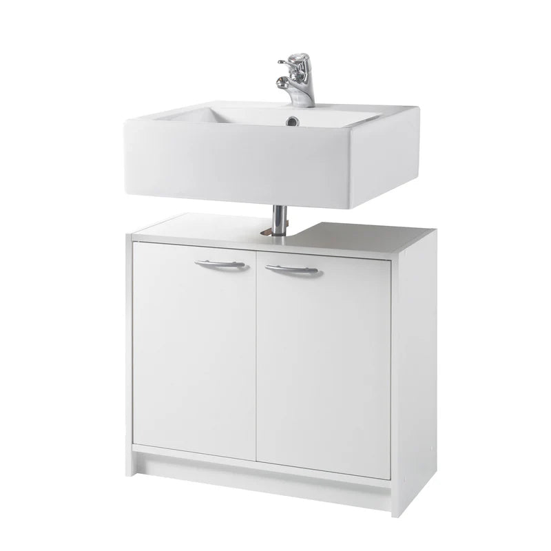 White bathroom vanity with sink and cabinet on a white background