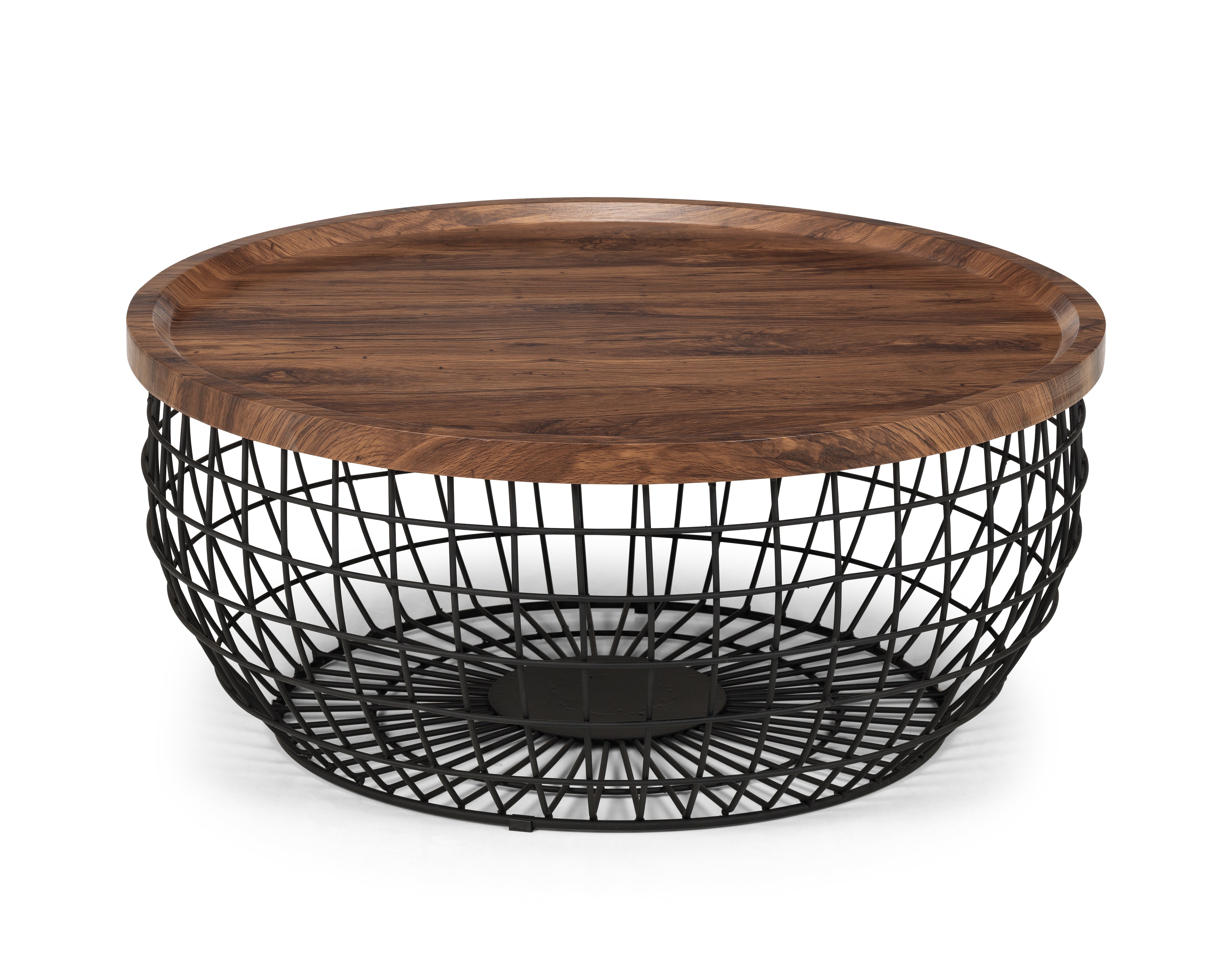 Round coffee table with wooden top and black metal base on a white background
