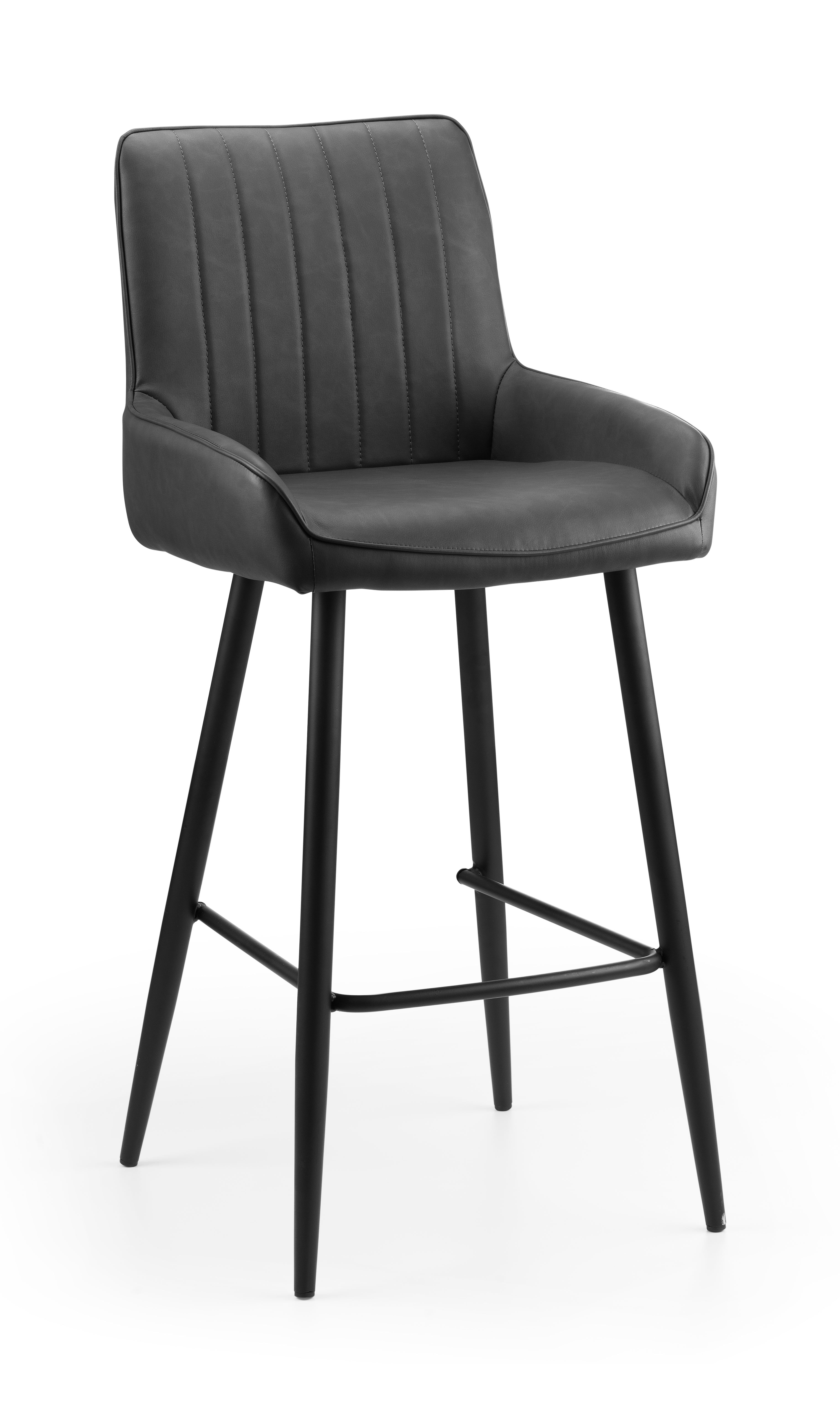 Gray bar stool with black legs on a white background