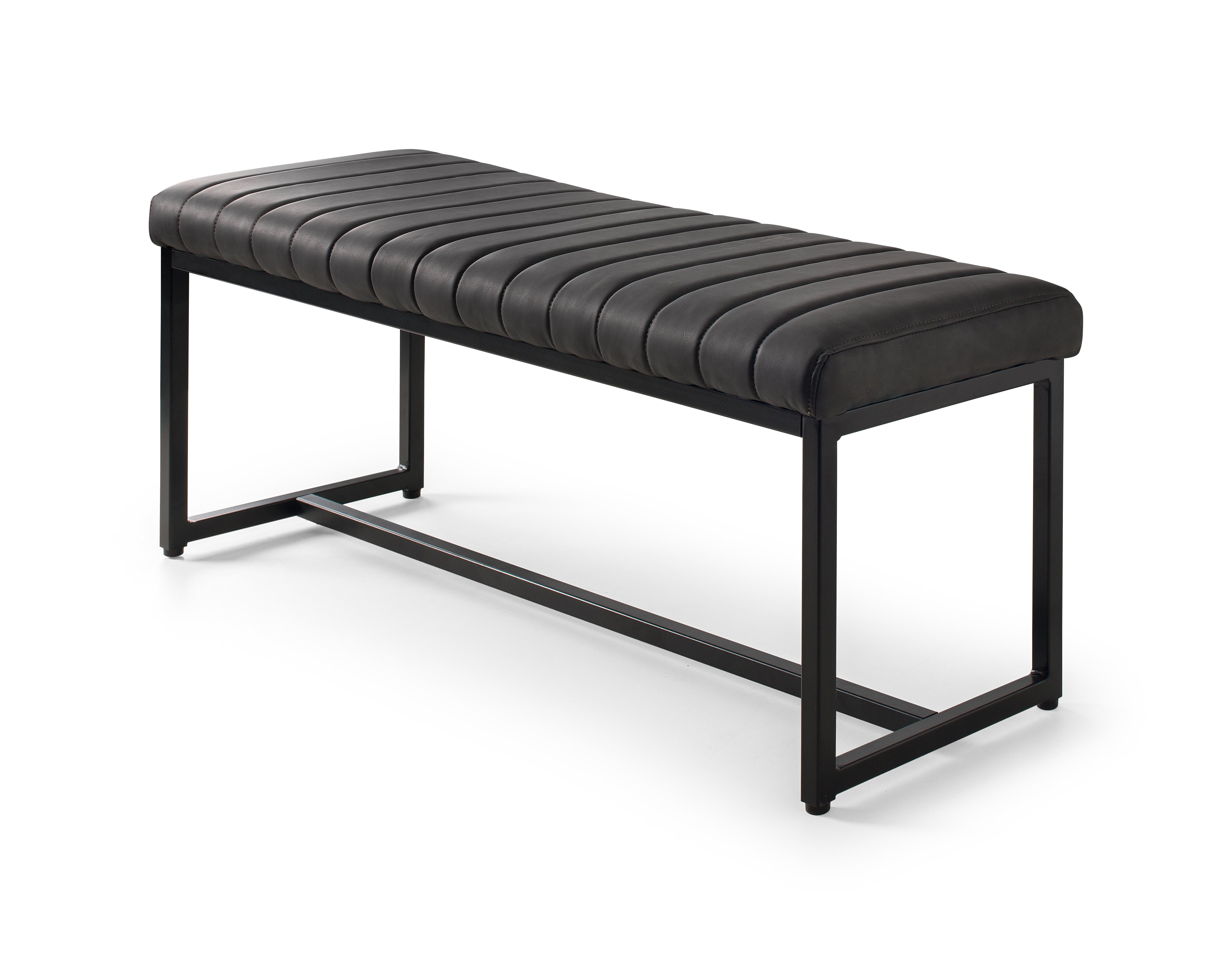 Black leather bench with metal frame on a white background