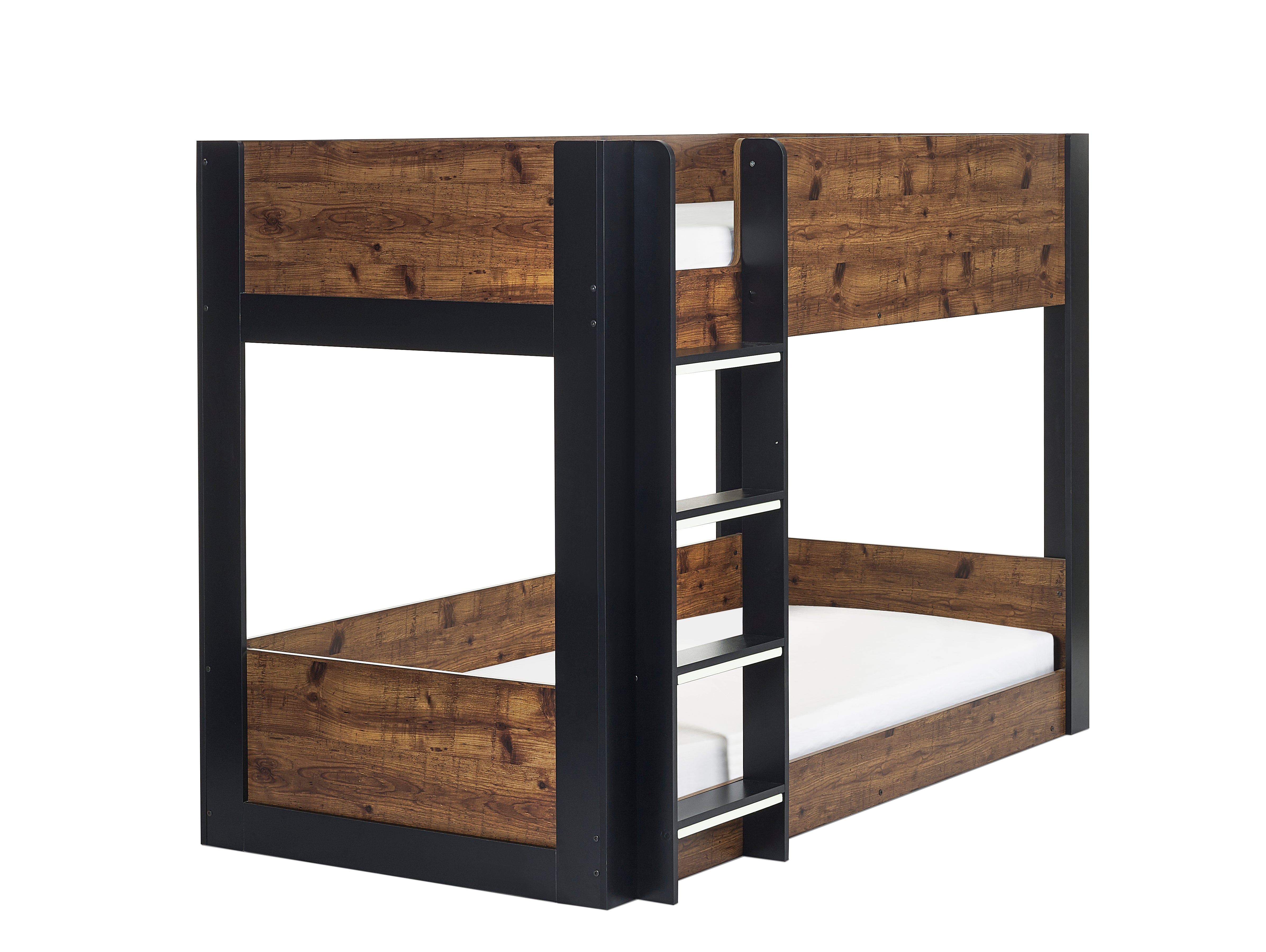 Wooden bunk bed with black metal frame on a white background