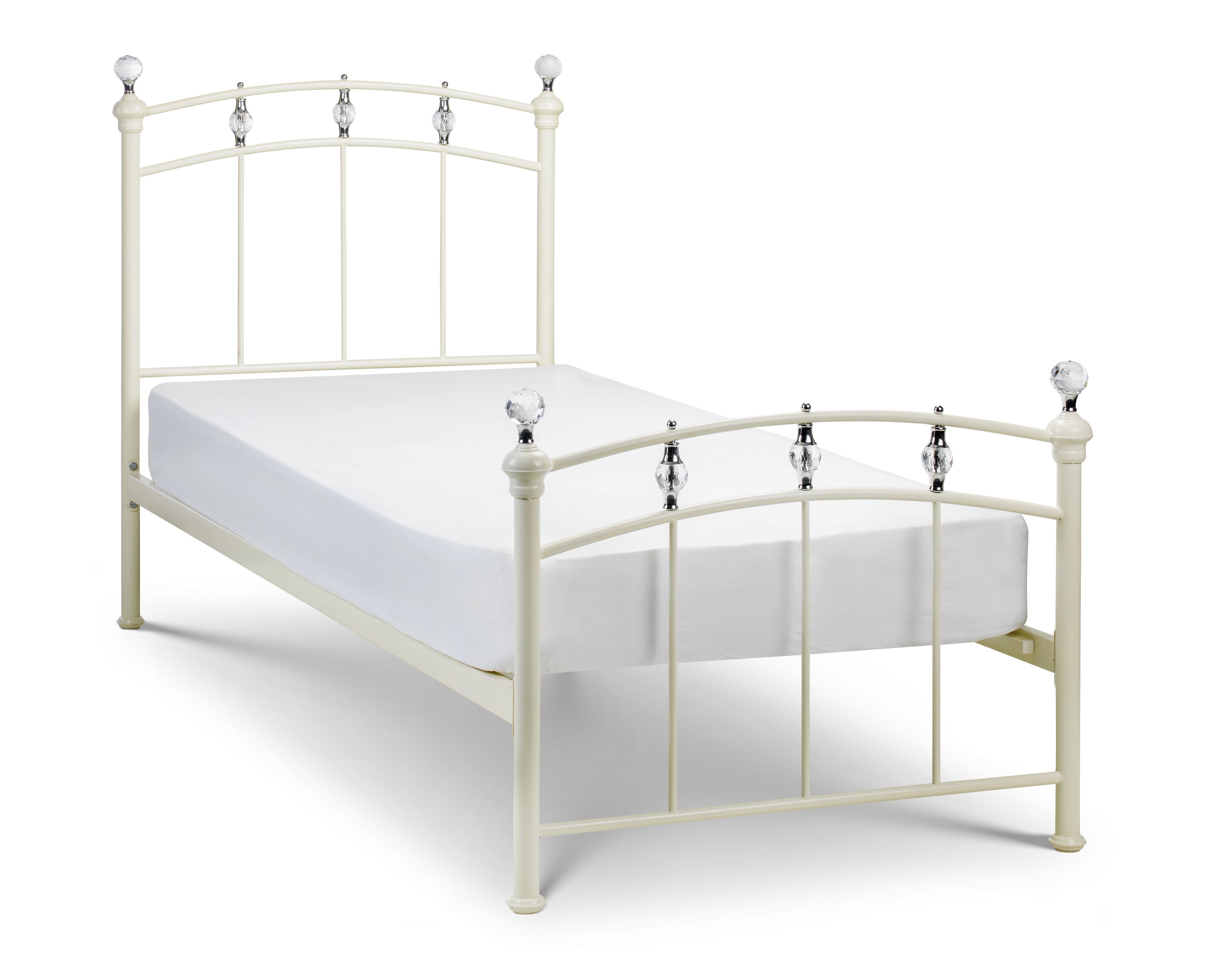 Cream-colored metal bed frame with mattress on a white background