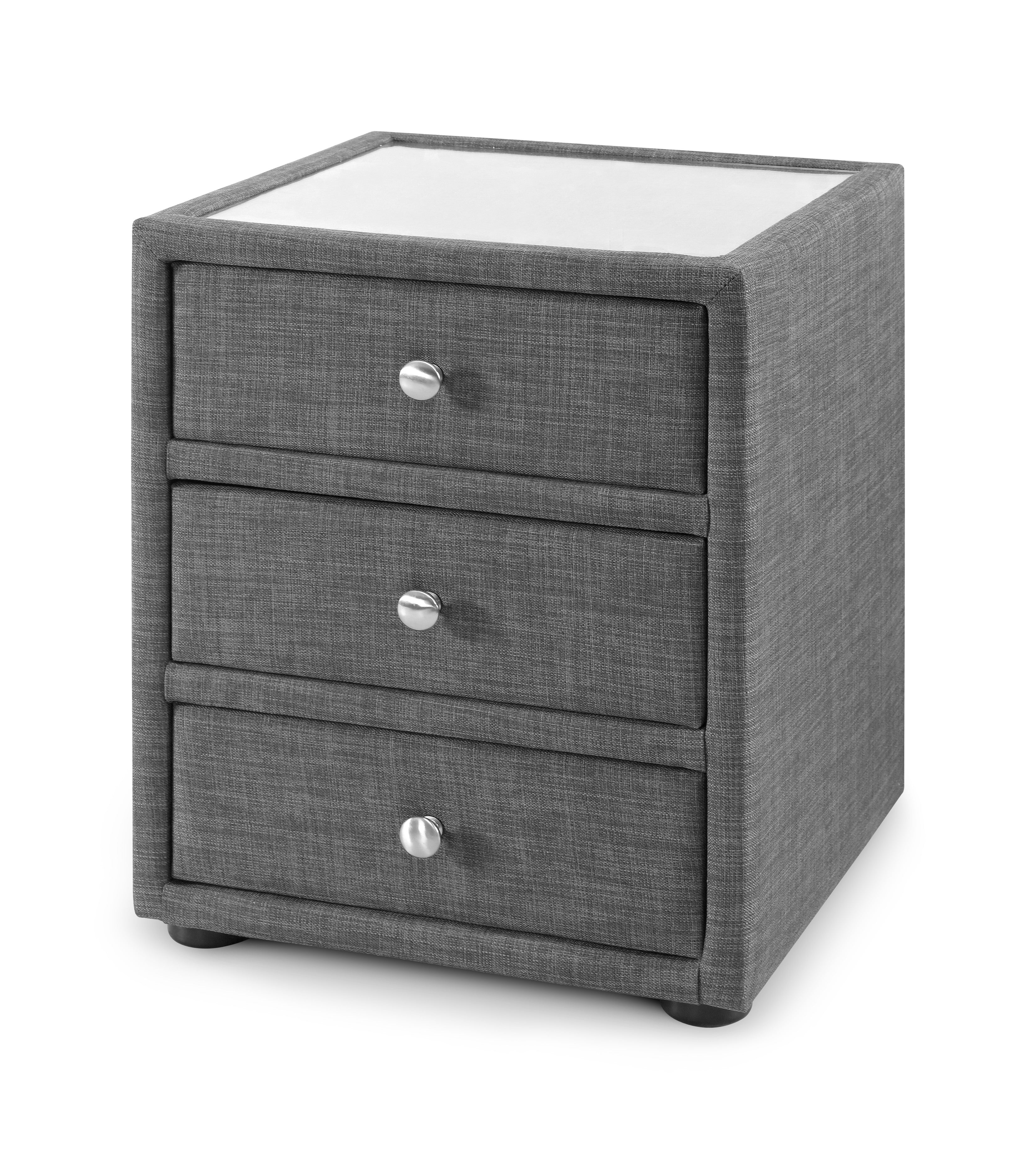 Gray textured nightstand with three drawers and glass top on a white background