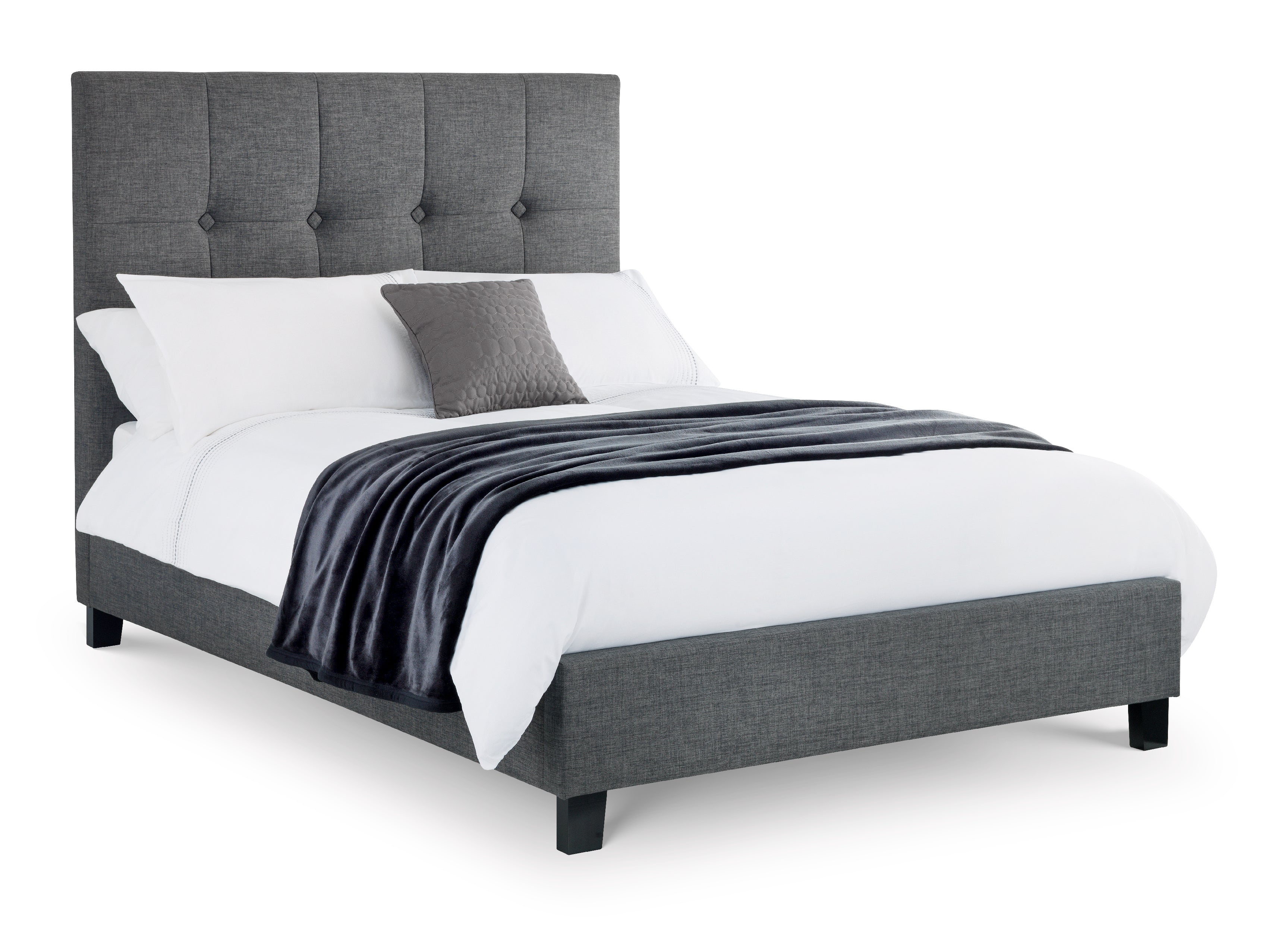 Gray upholstered bed with white bedding on a white background