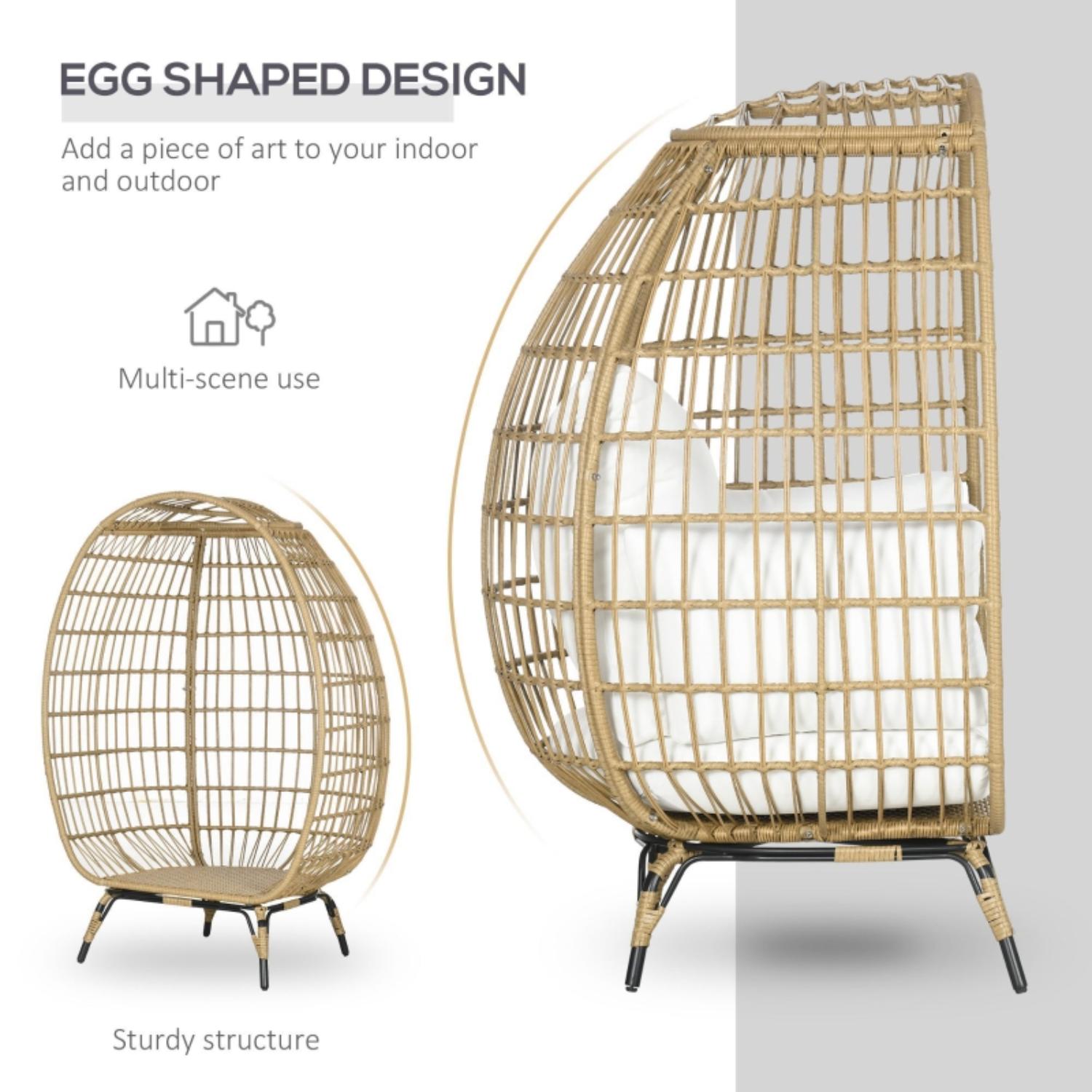 Wicker egg-shaped chair with text on a gray background