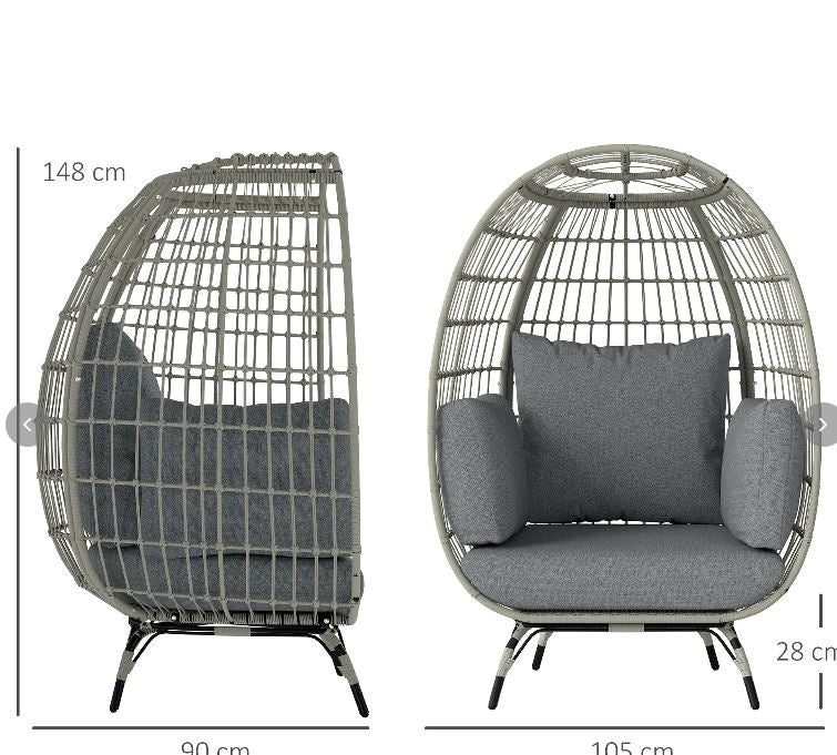 Egg-shaped wicker chair with gray cushions and dimensions on a white background