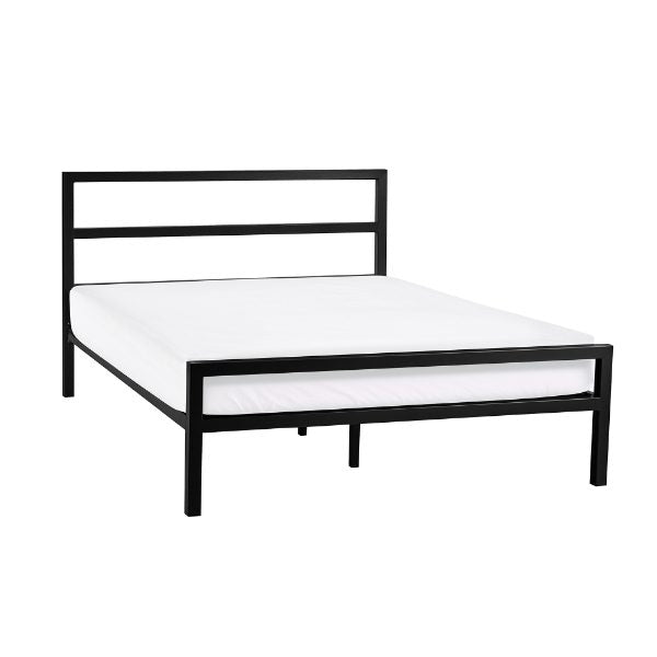 Black metal bed frame with white mattress on a white background