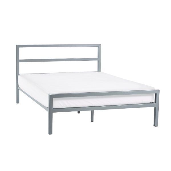 Silver metal bed frame with white mattress on a white background