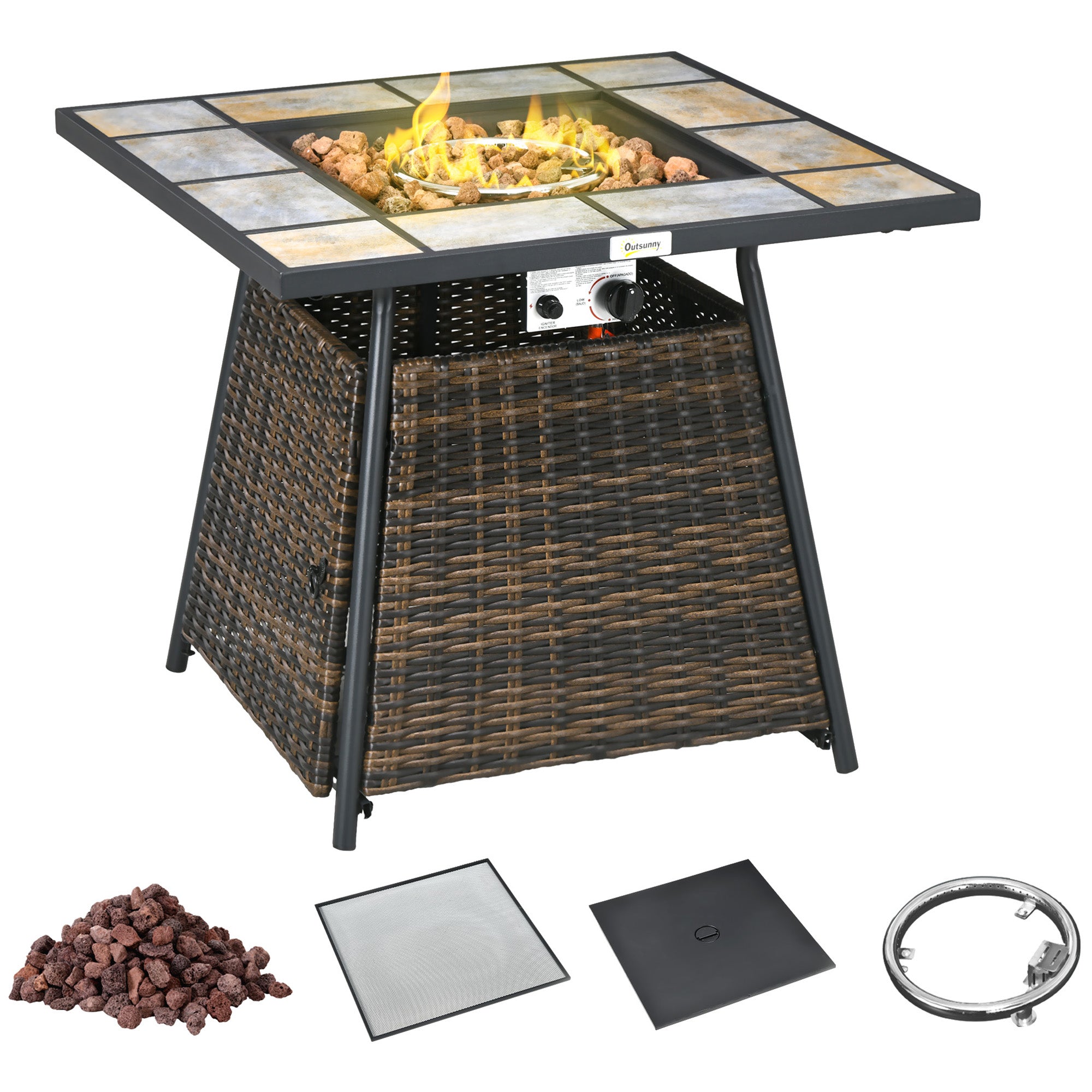 Outdoor fire pit table with accessories on a white background