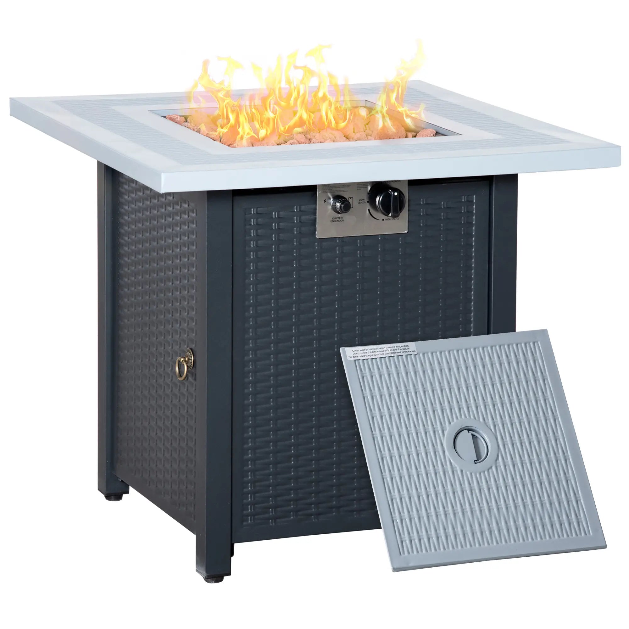 Outdoor fire pit table with flames on a white background