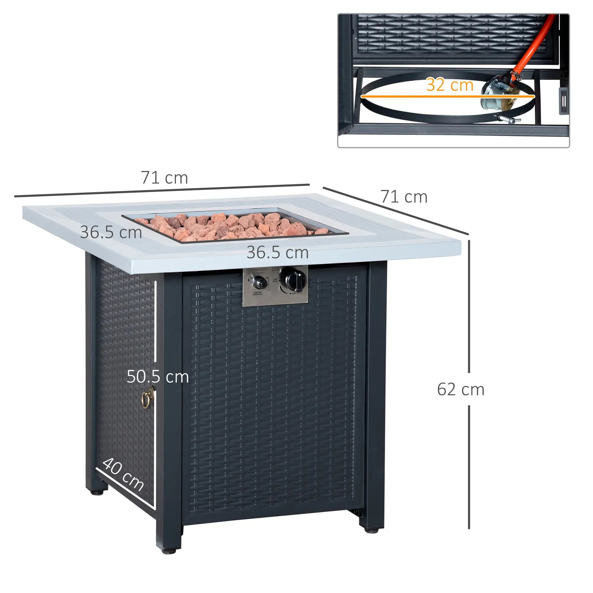 Outdoor fire pit table with dimensions and hose measurement inset on a white background
