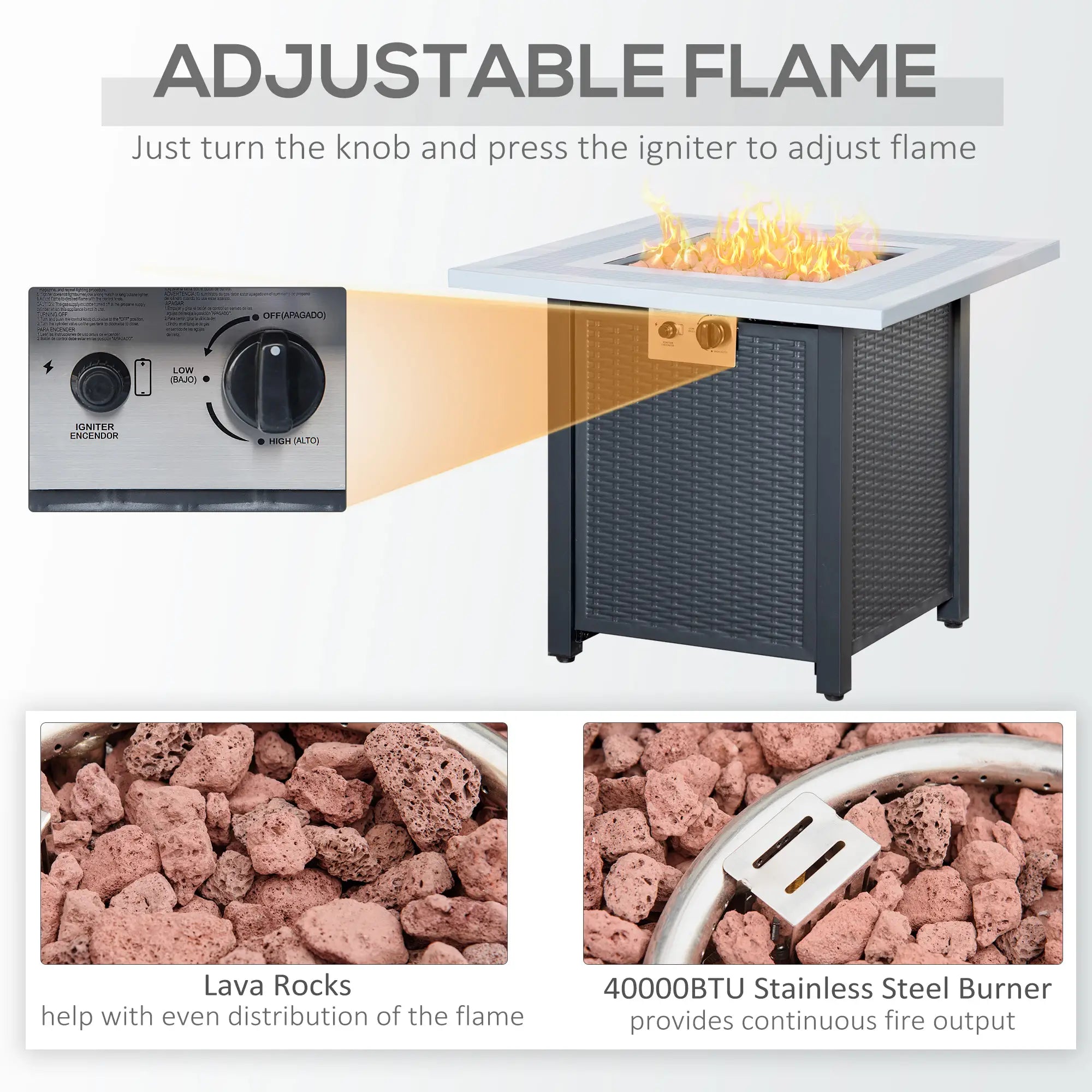 Fire pit table with adjustable flame control, lava rocks, and burner details.