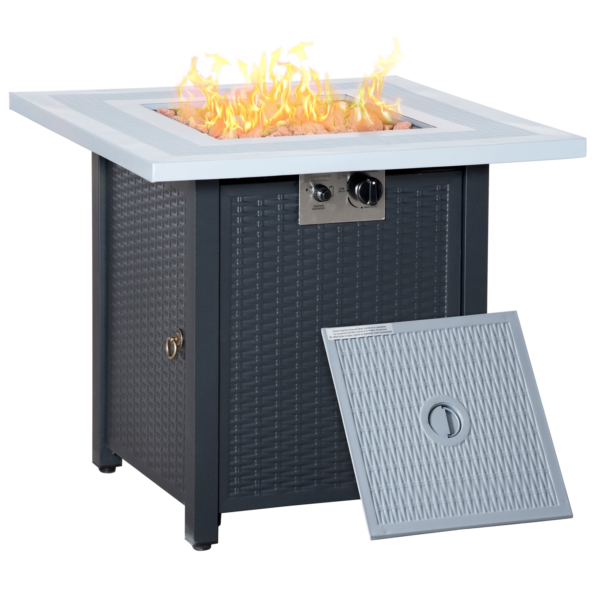 Outdoor fire pit table with flames on a white background