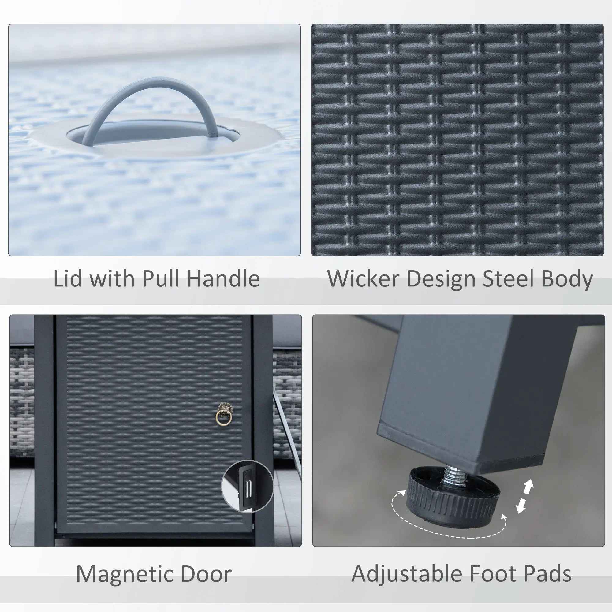 Product features including lid with pull handle, wicker design steel body, magnetic door, and adjustable foot pads.