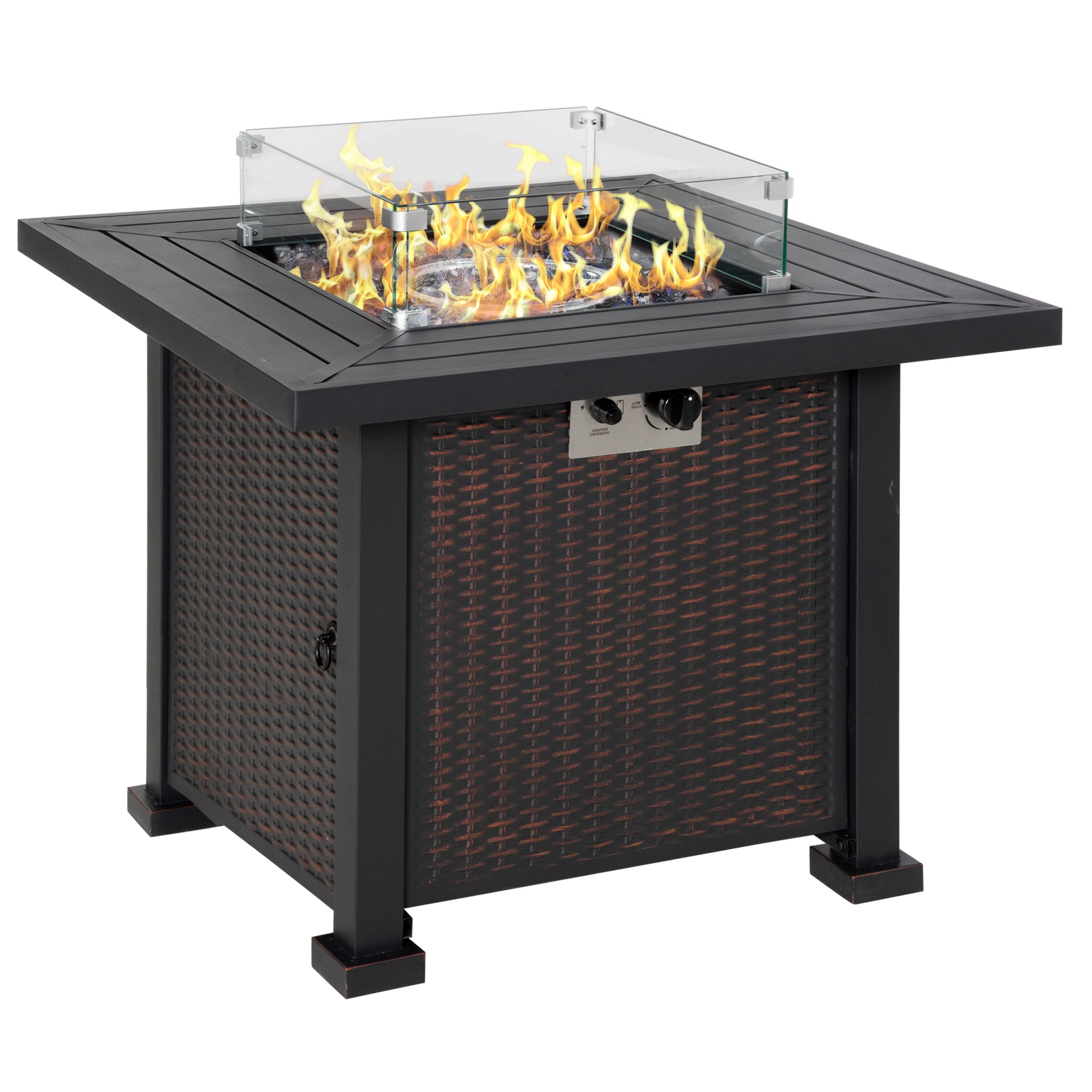 Fire pit table with wicker design and flames on a white background