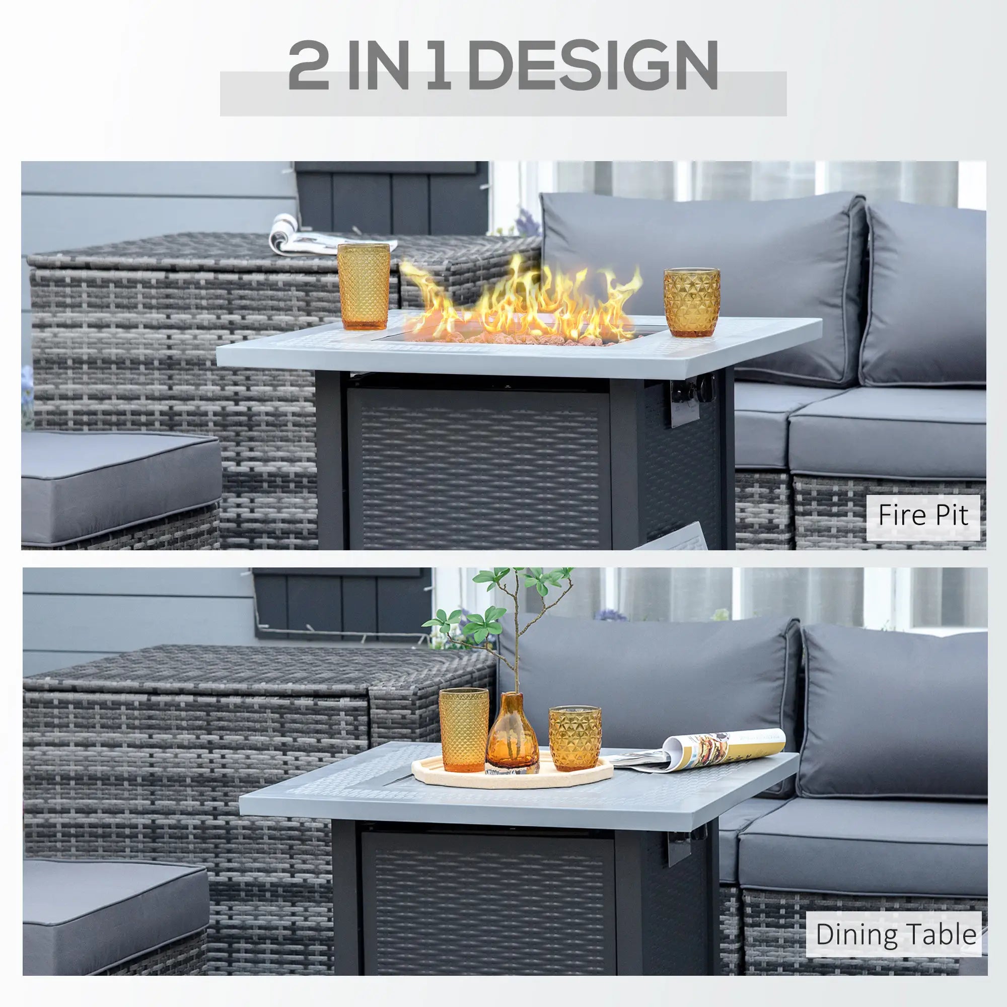 Two-in-one fire pit and dining table with gray outdoor furniture set.
