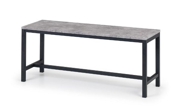 Long rectangular table with gray concrete top and black metal frame on a white background