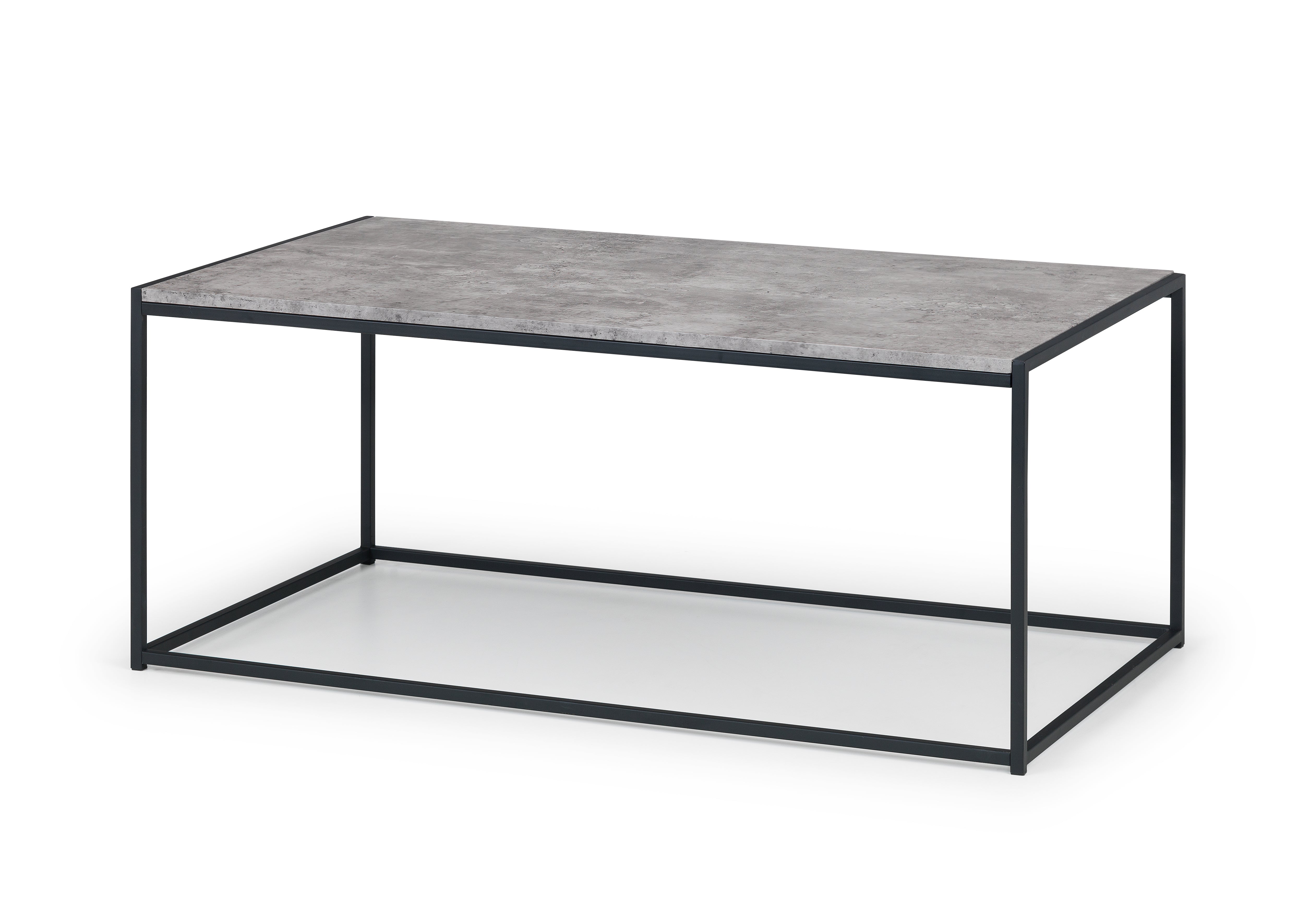 Coffee table with concrete-like top and black metal frame on a white background