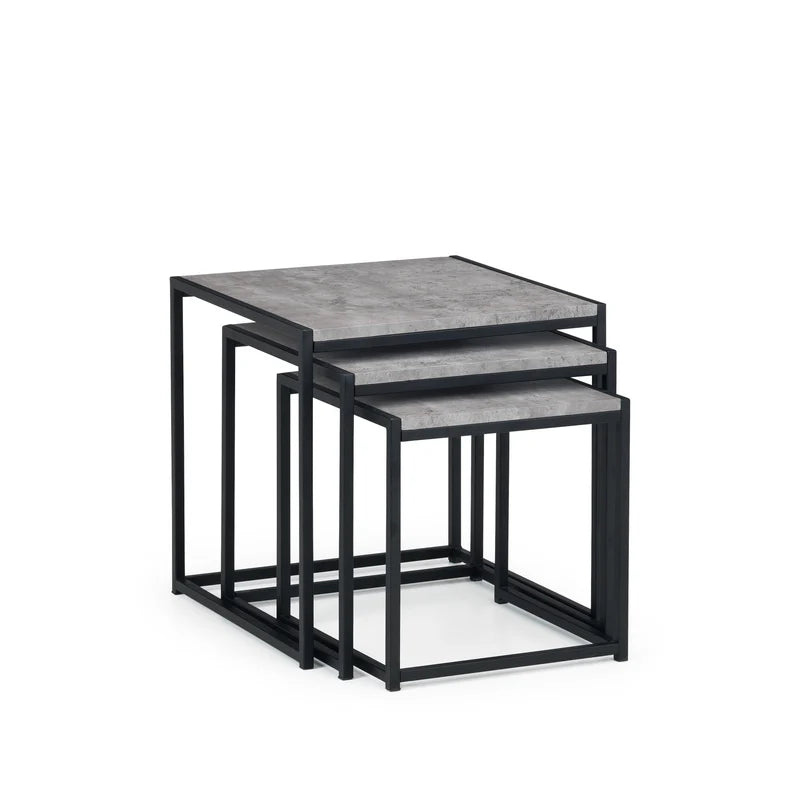 Set of two nesting tables with gray ceramic top and black metal frame on a white background