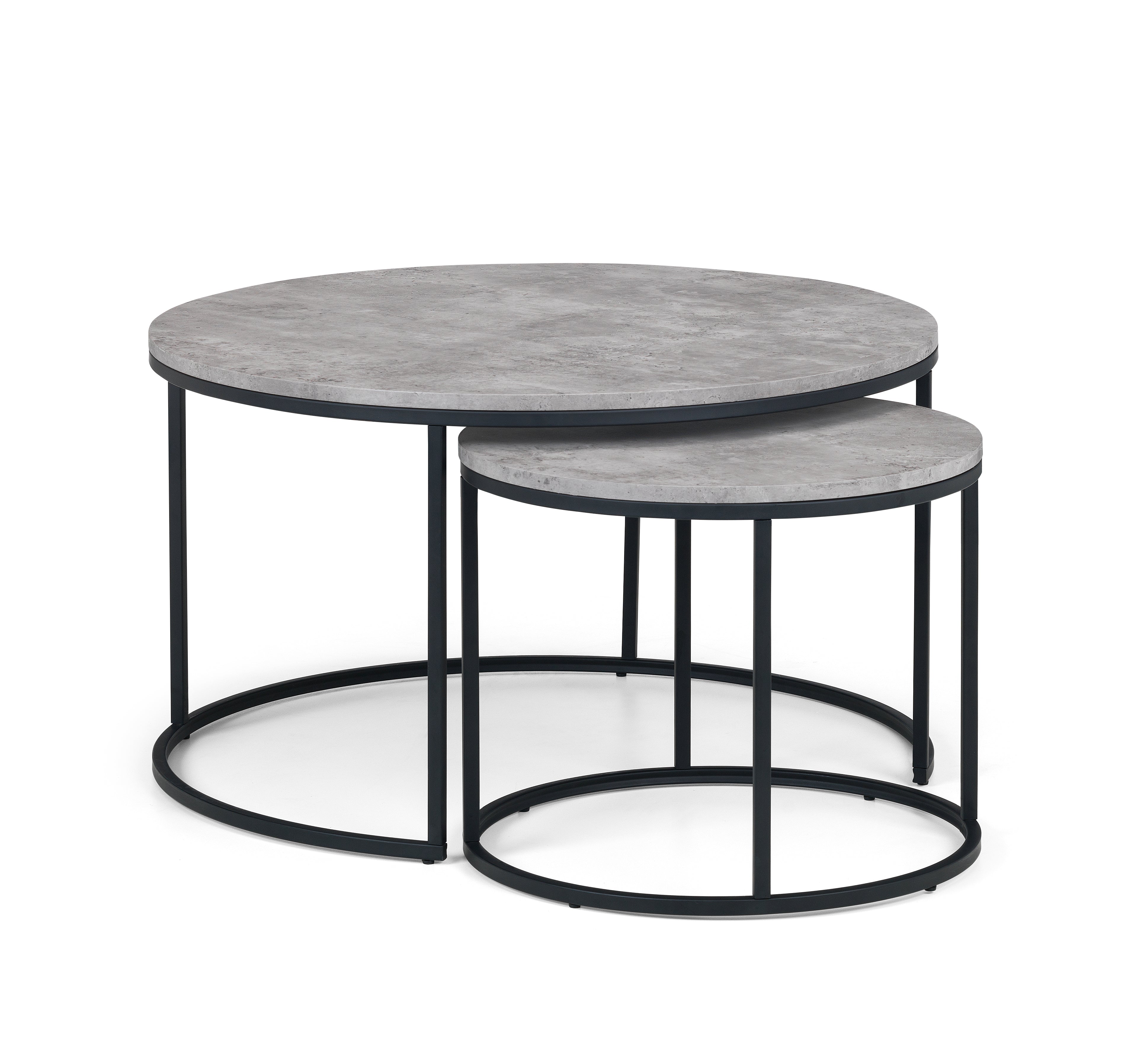 Set of two round coffee tables with marble-like tops and black metal frames on a white background