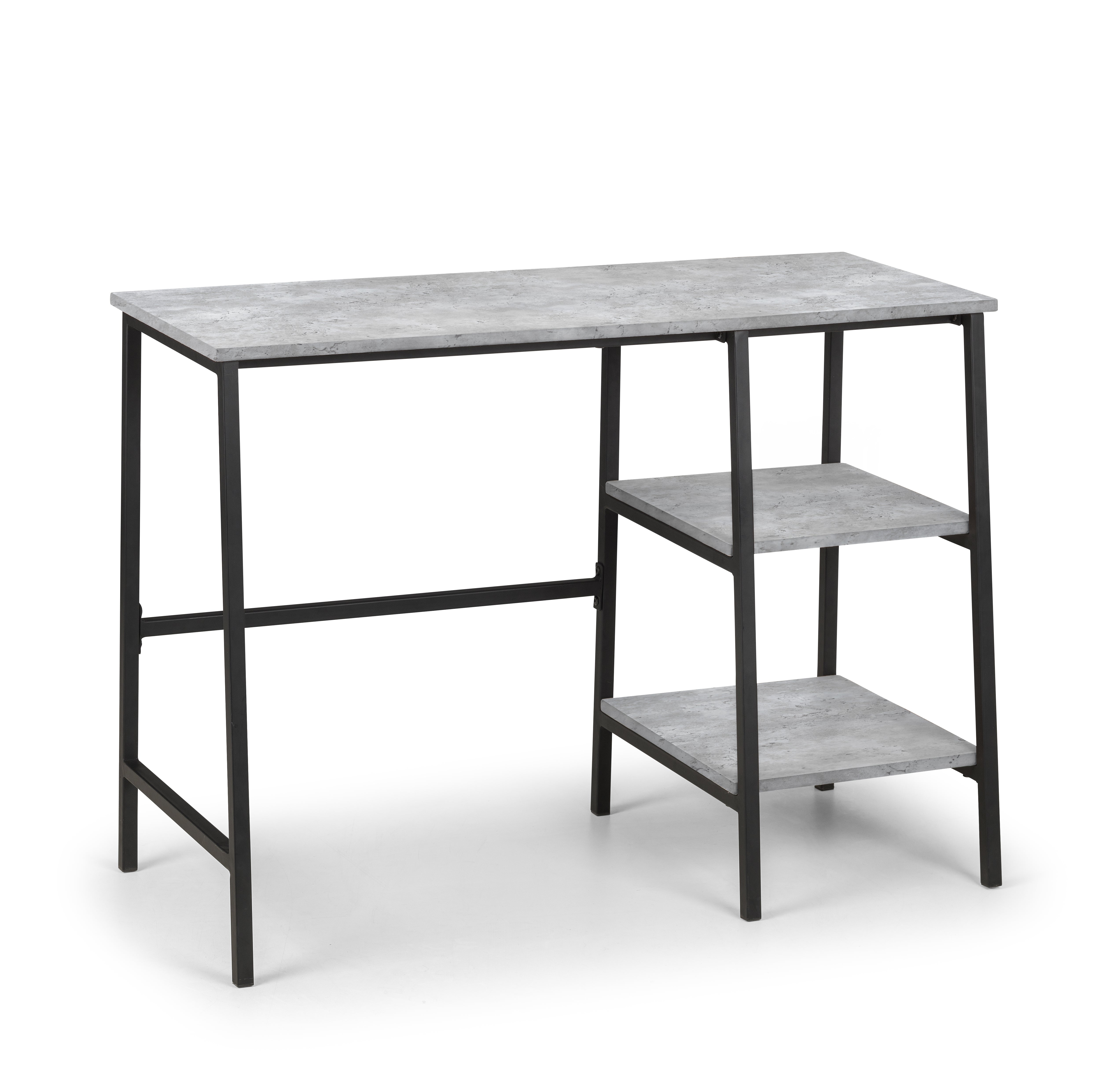 Small table with a gray marble top and black metal frame on a white background