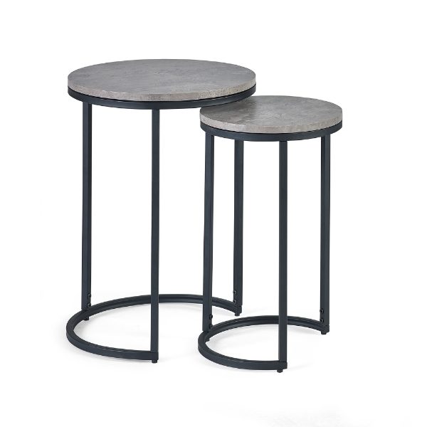 Two round side tables with dimensions labeled on a white background