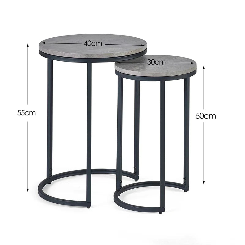 Two round side tables with dimensions labeled on a white background