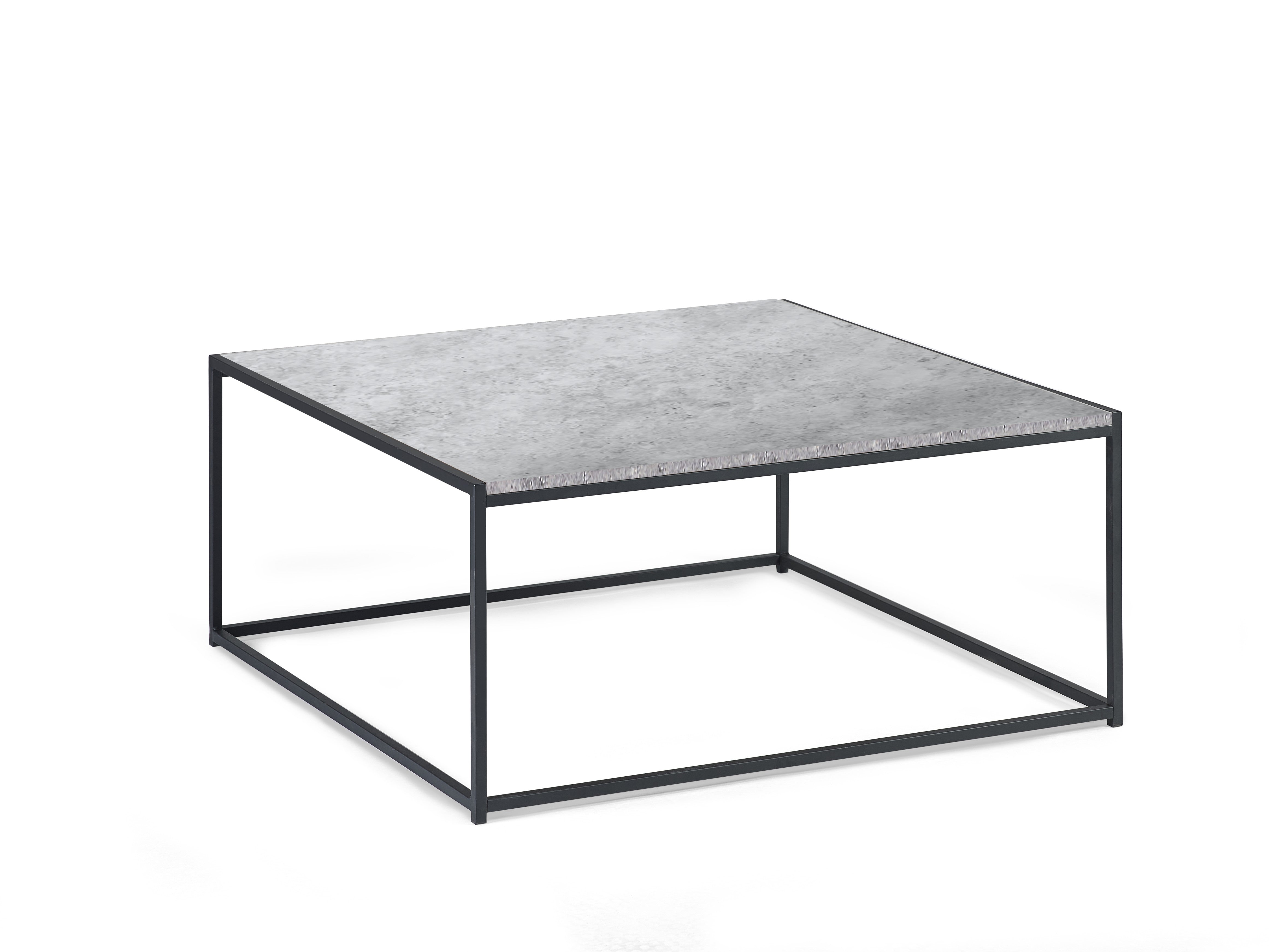 Square coffee table with concrete top and black metal frame on a white background