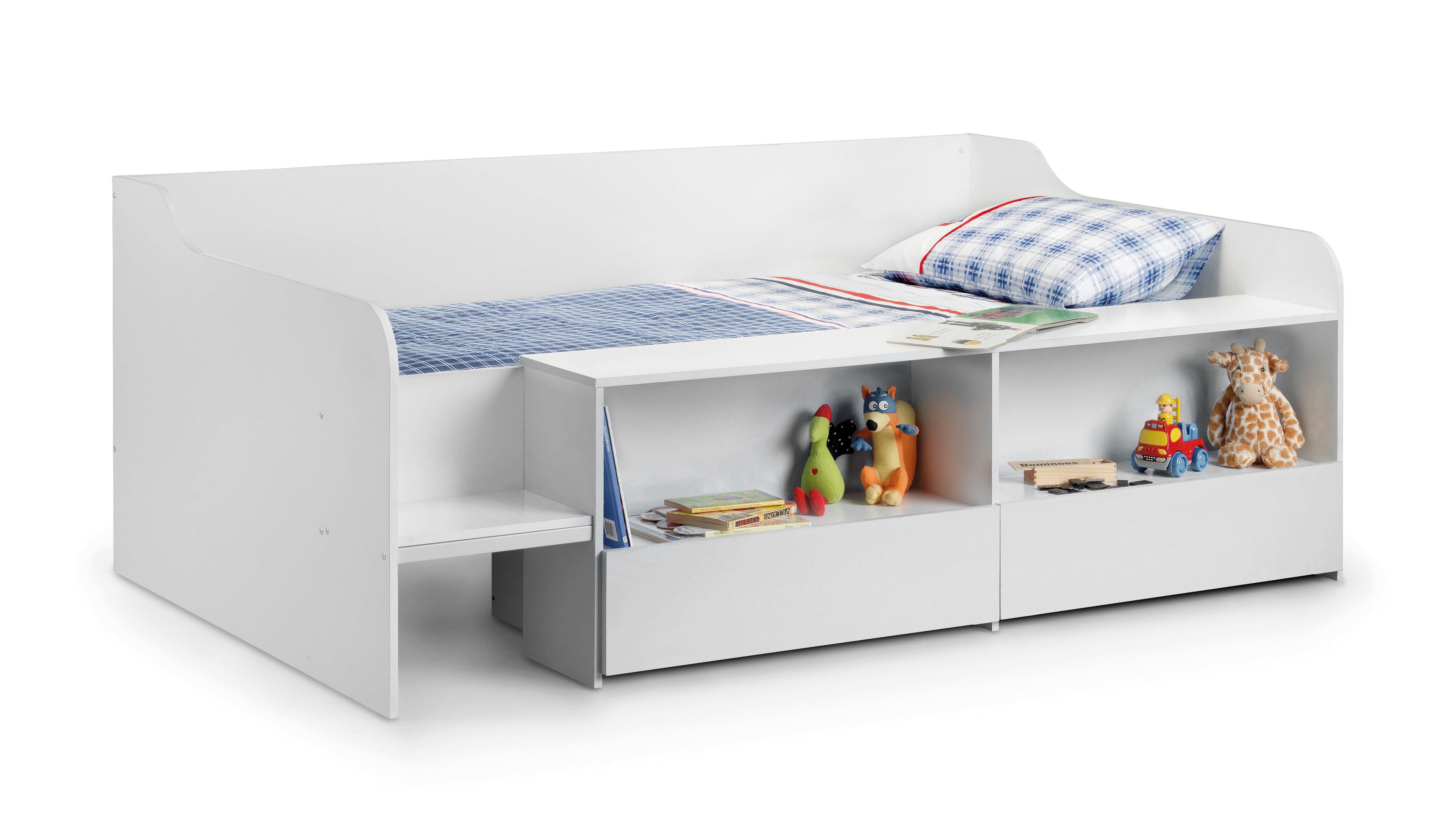 White children's bed with storage compartments and toys on a white background