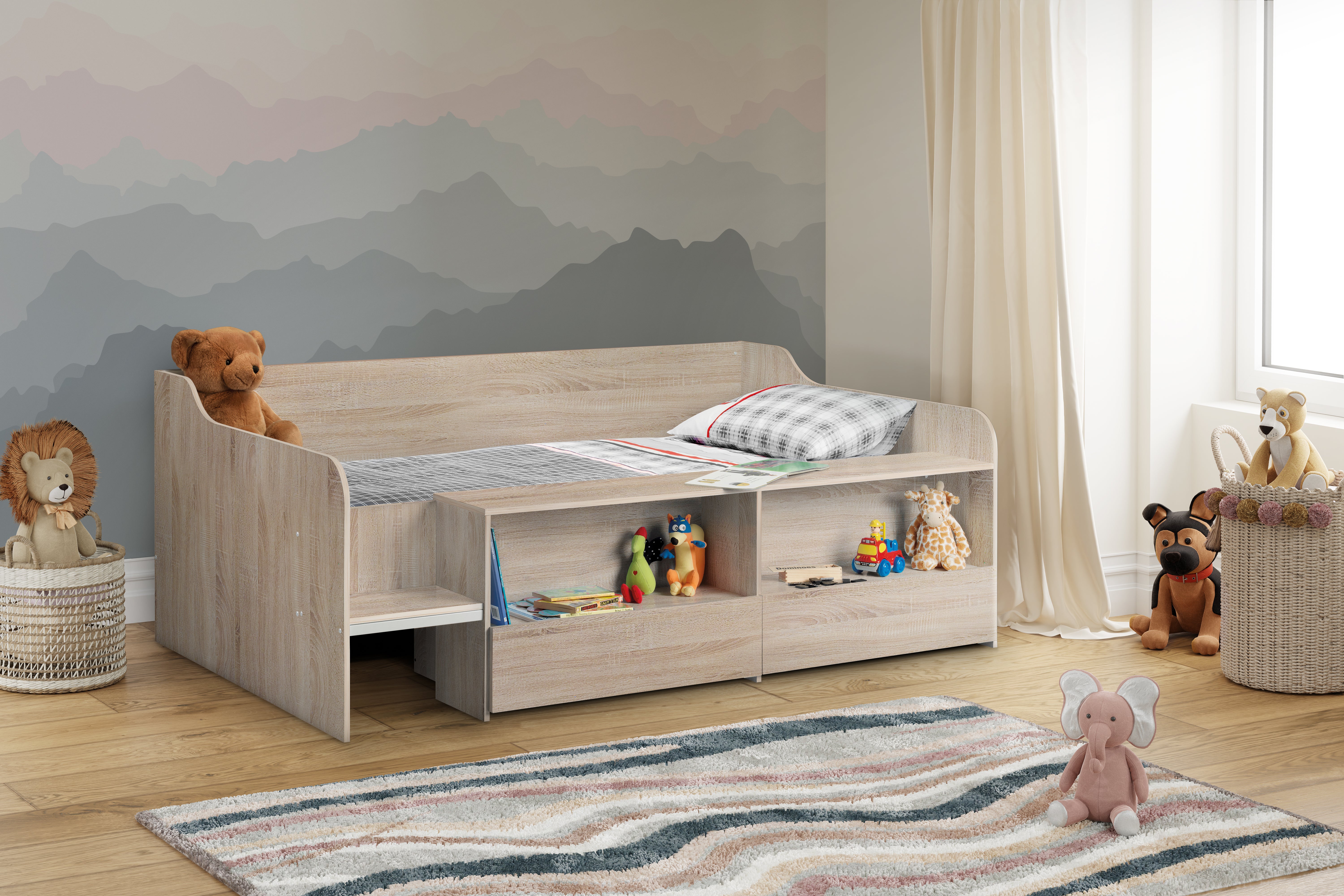 Children's bedroom with a bed, toys, and decorative elements.