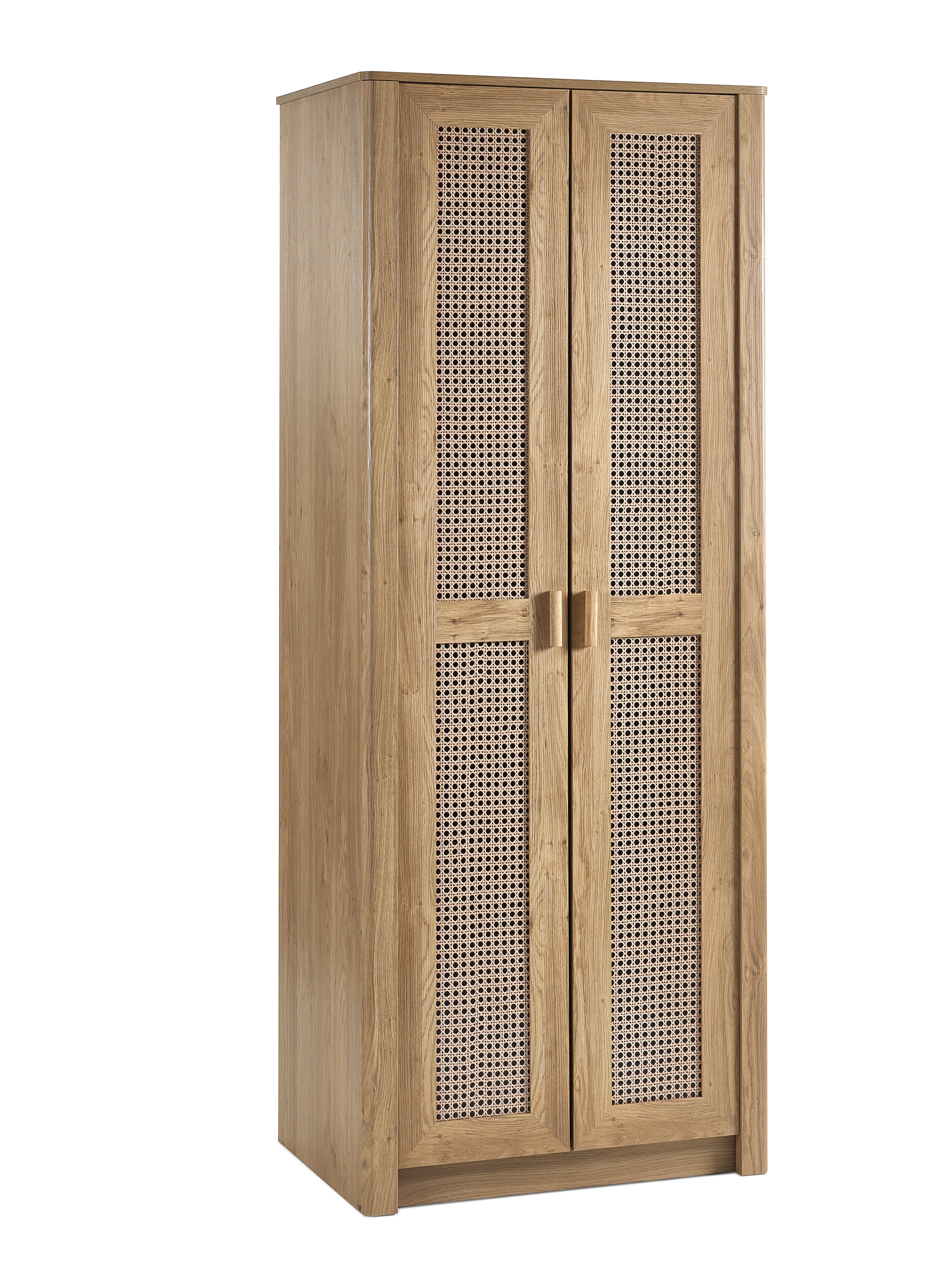 Wooden wardrobe with wicker door panels on a white background
