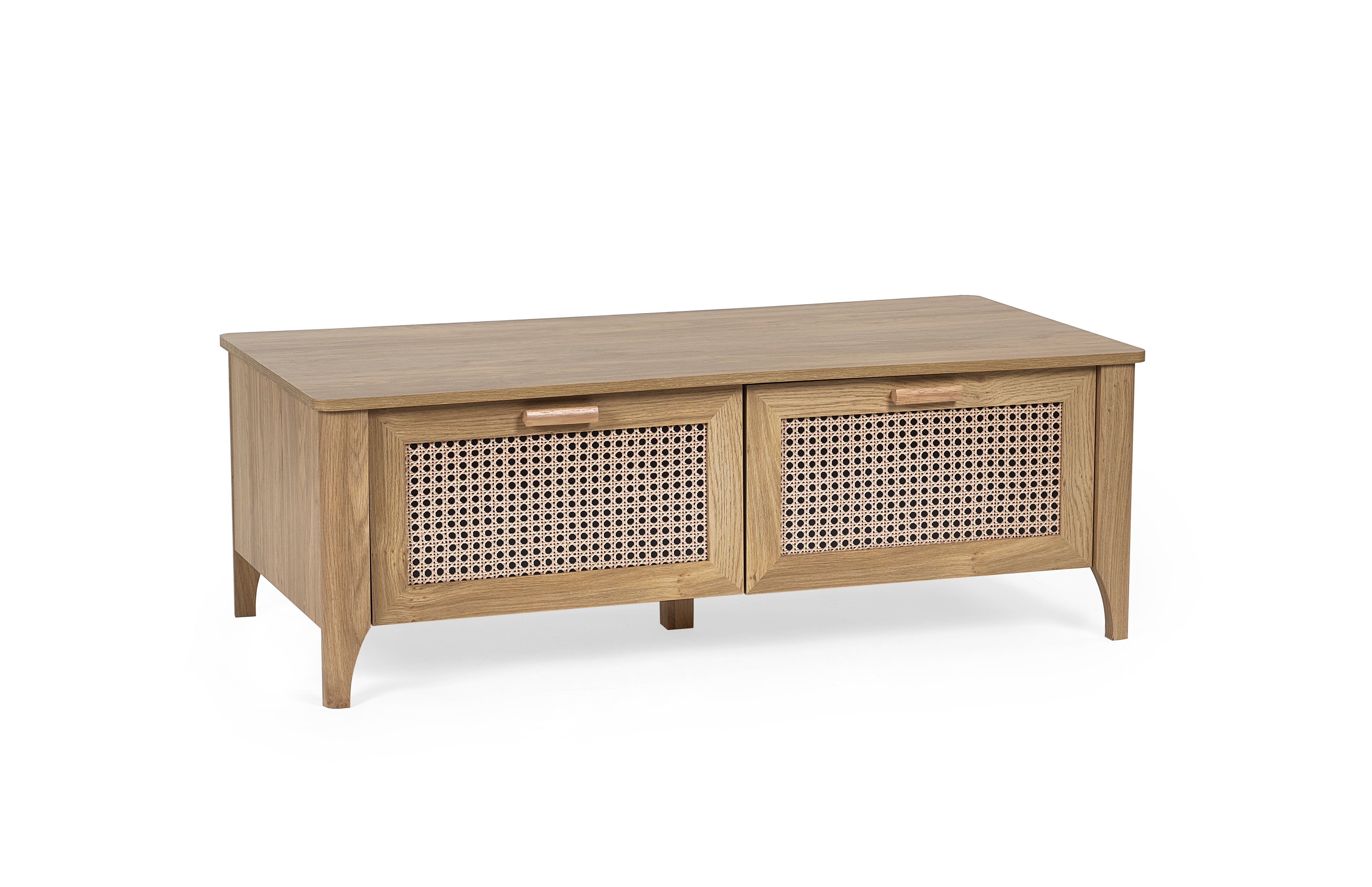 Wooden coffee table with rattan doors on a white background