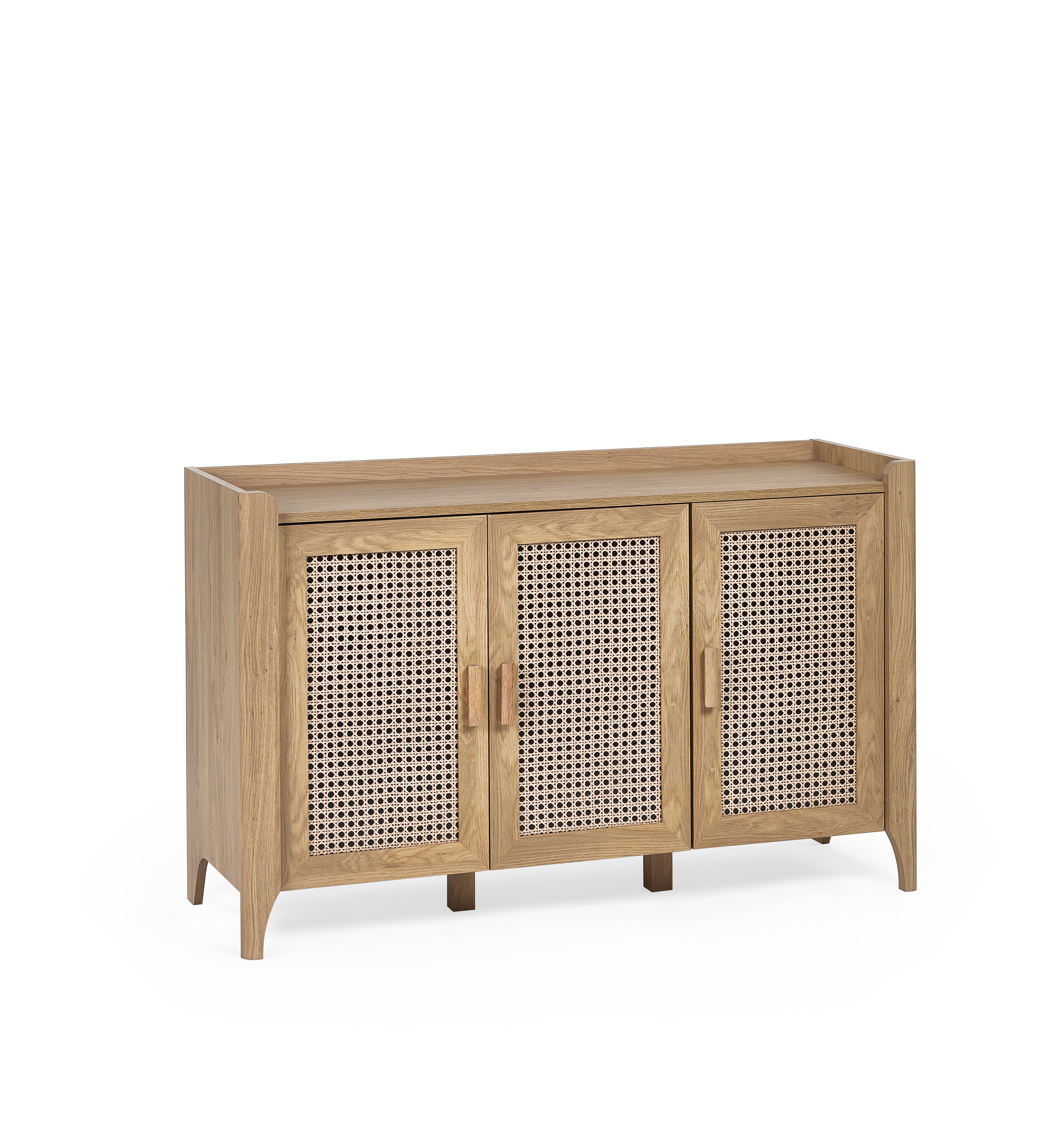 Wooden cabinet with rattan doors on a white background