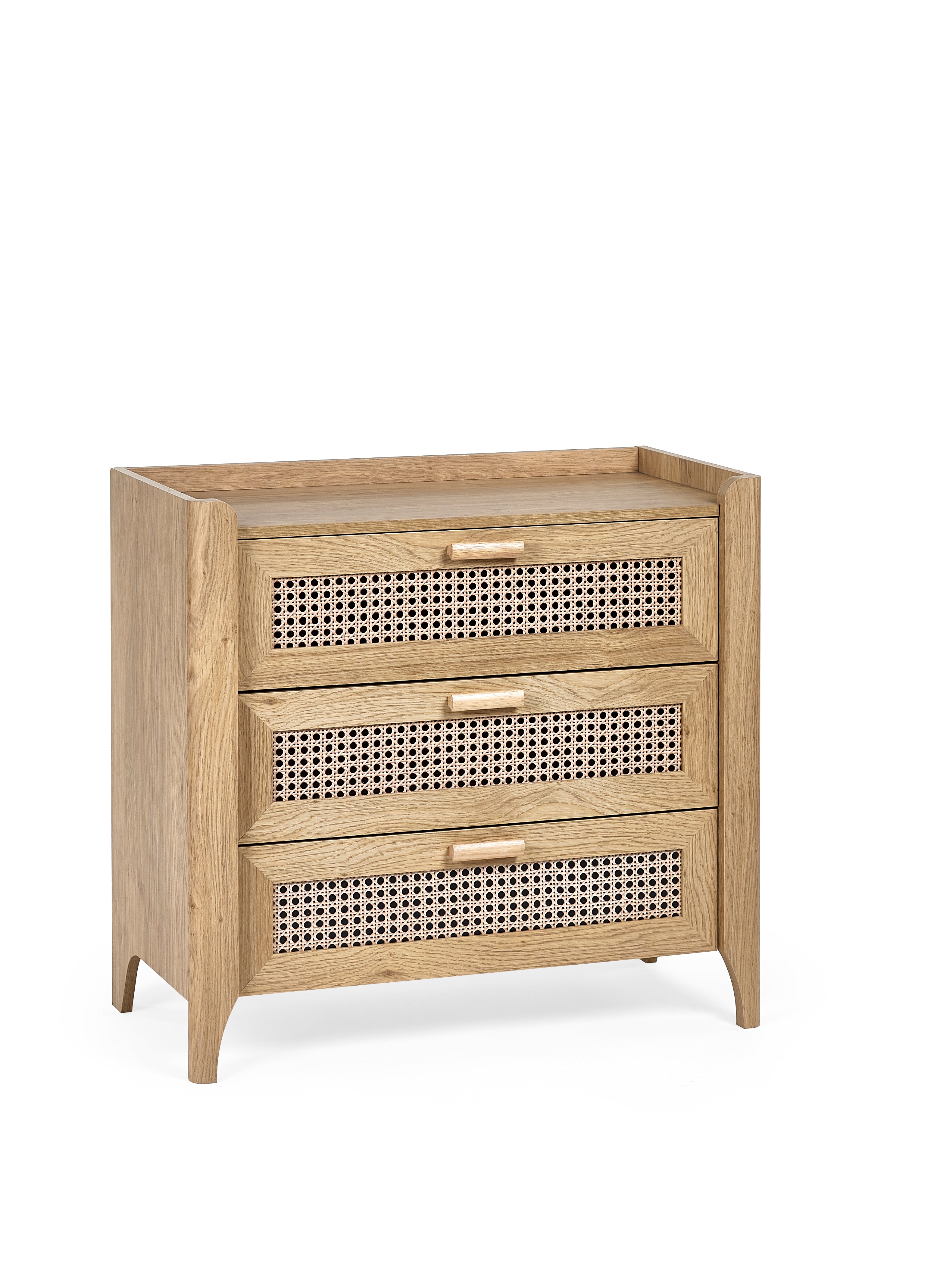 Wooden cabinet with rattan drawers on a white background