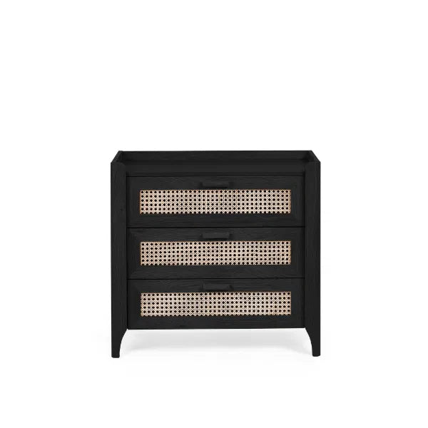Black dresser with wicker-like drawer fronts on a white background