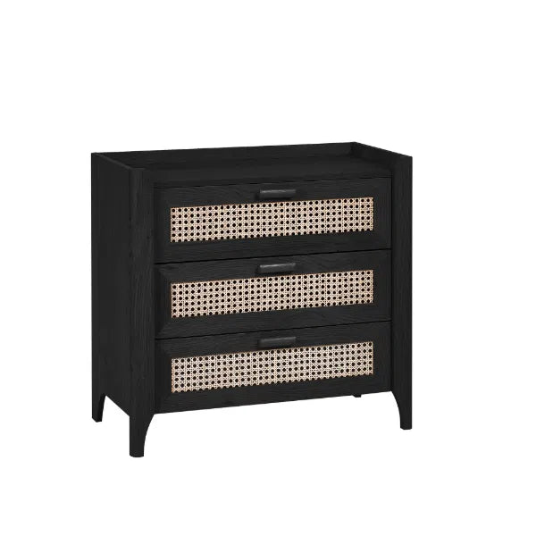Black dresser with wicker-like drawer fronts on a white background