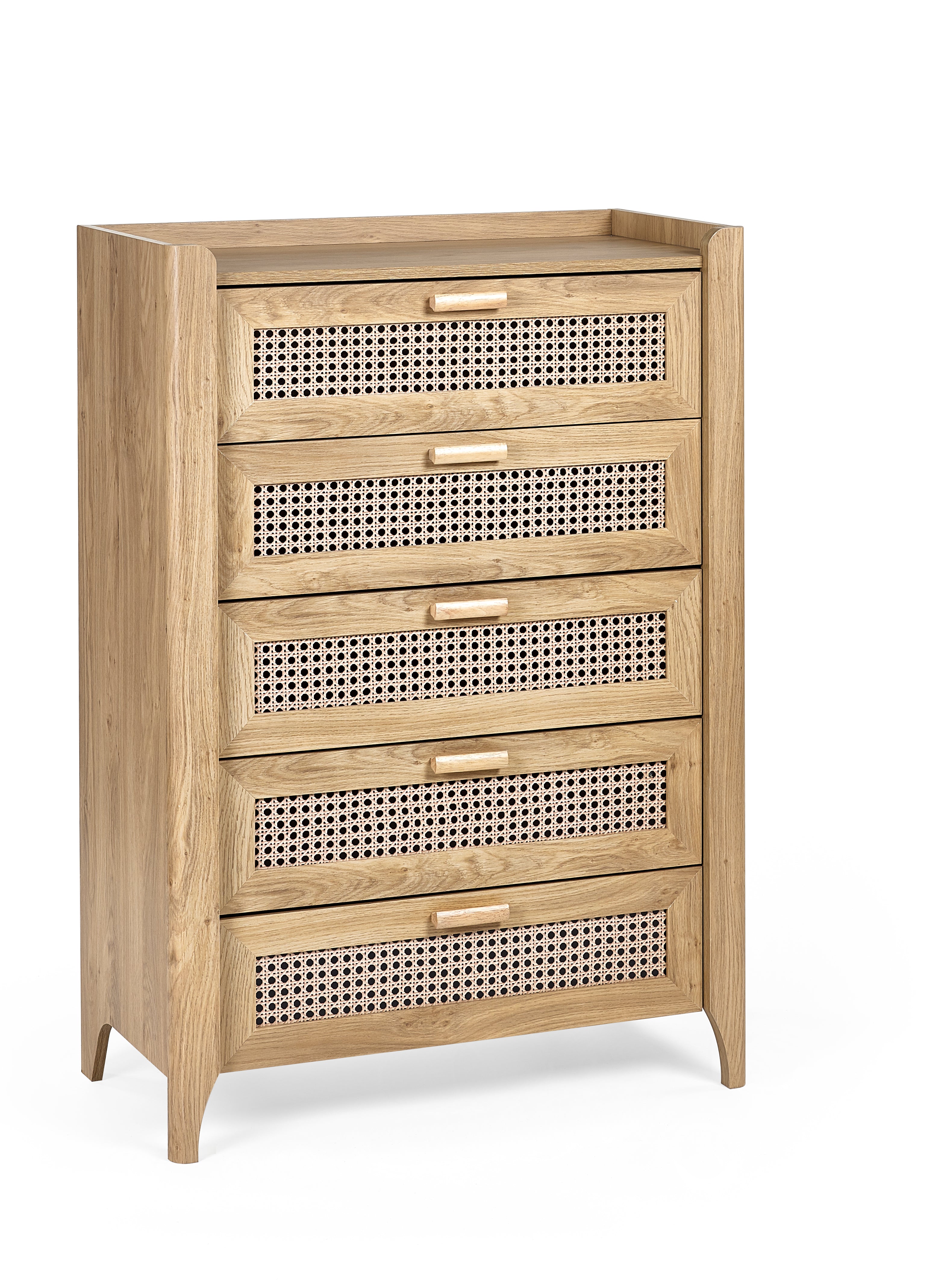 Wooden dresser with wicker drawers on a white background