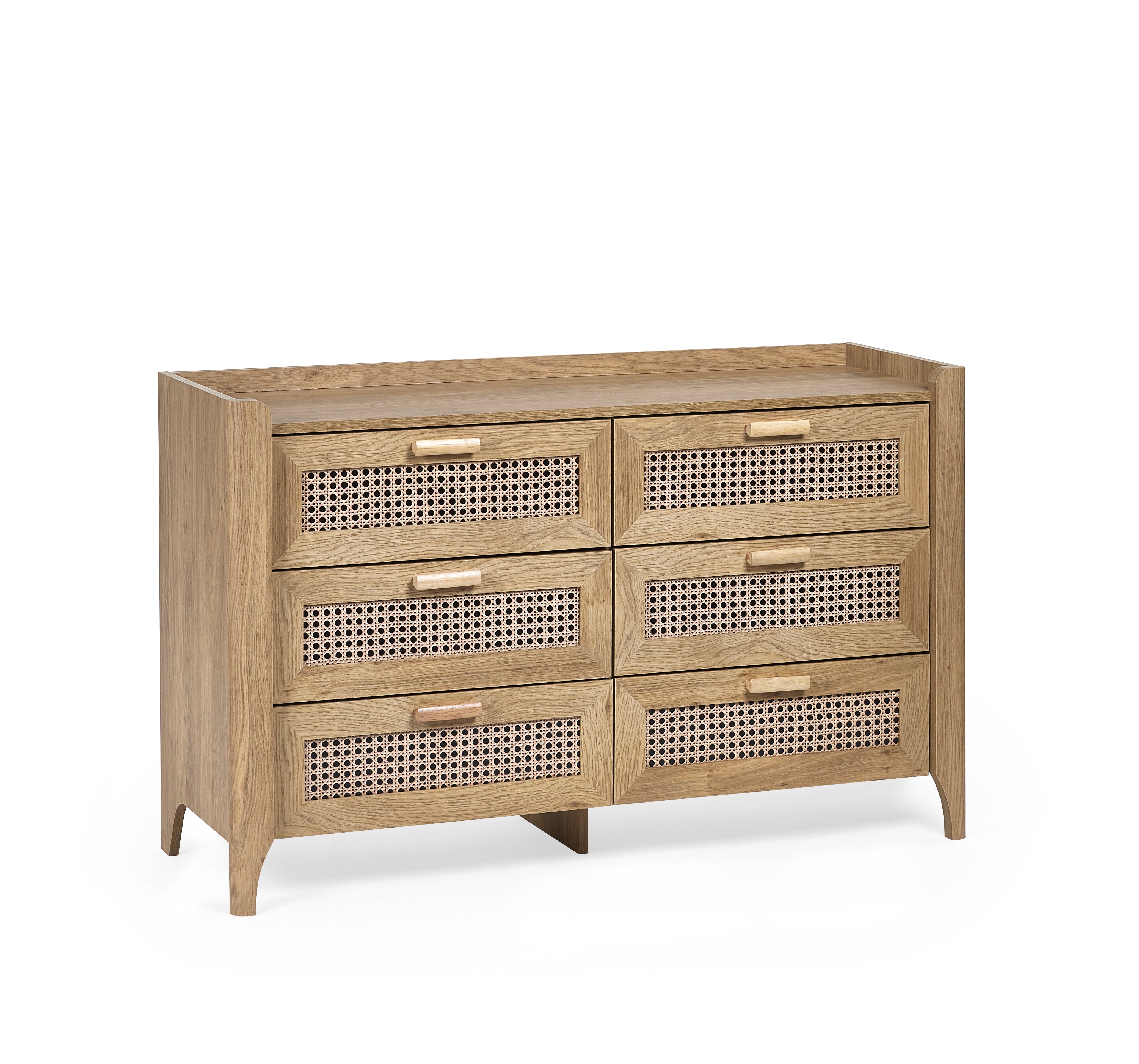 Wooden dresser with woven patterns on a white background